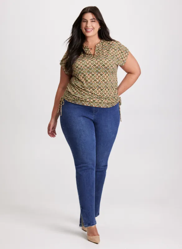 Abstract Print Top & Embellished Slit Hem Jeans made by Laura