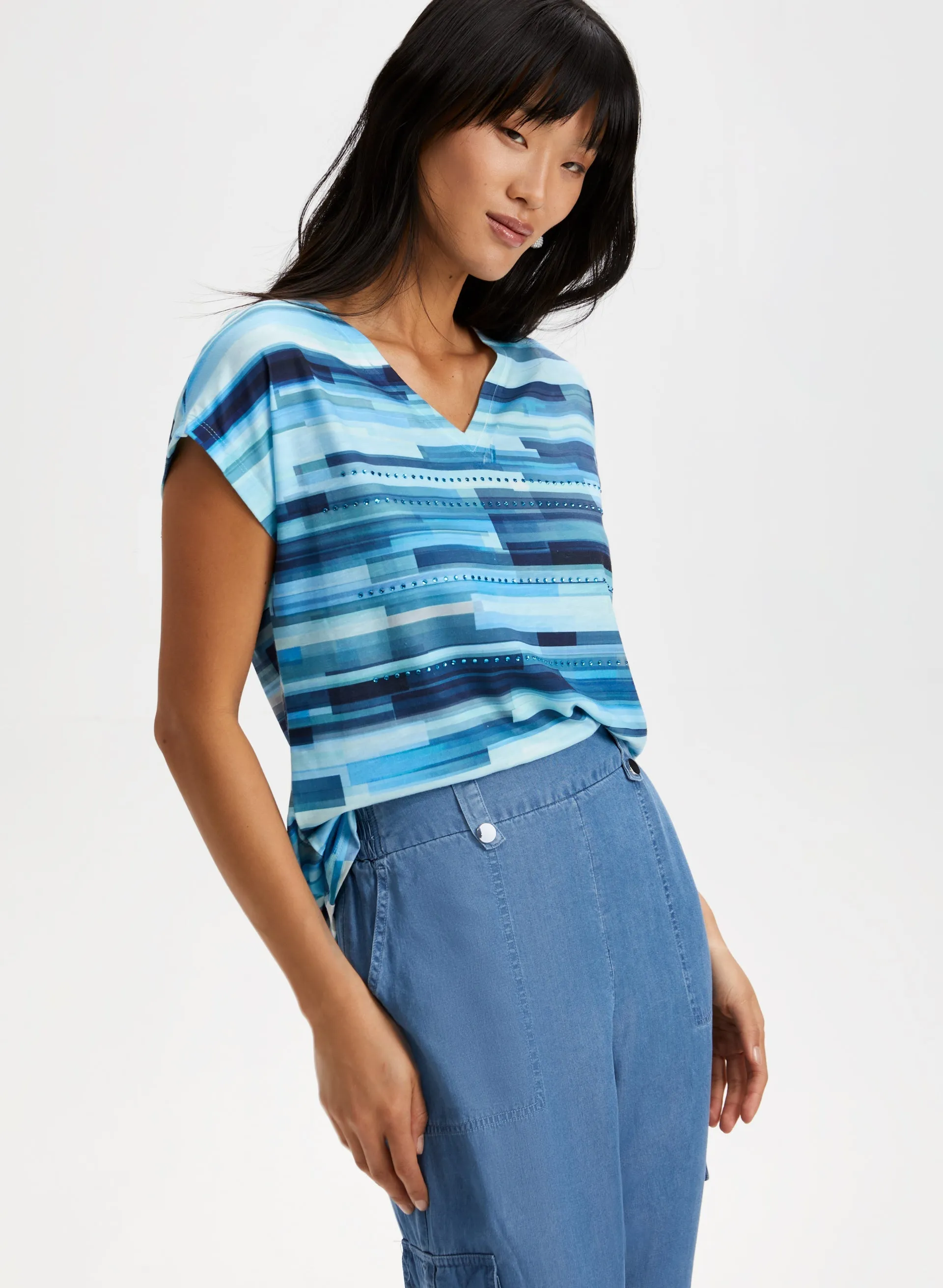 Embellished Geometric Print Tee sold by Laura