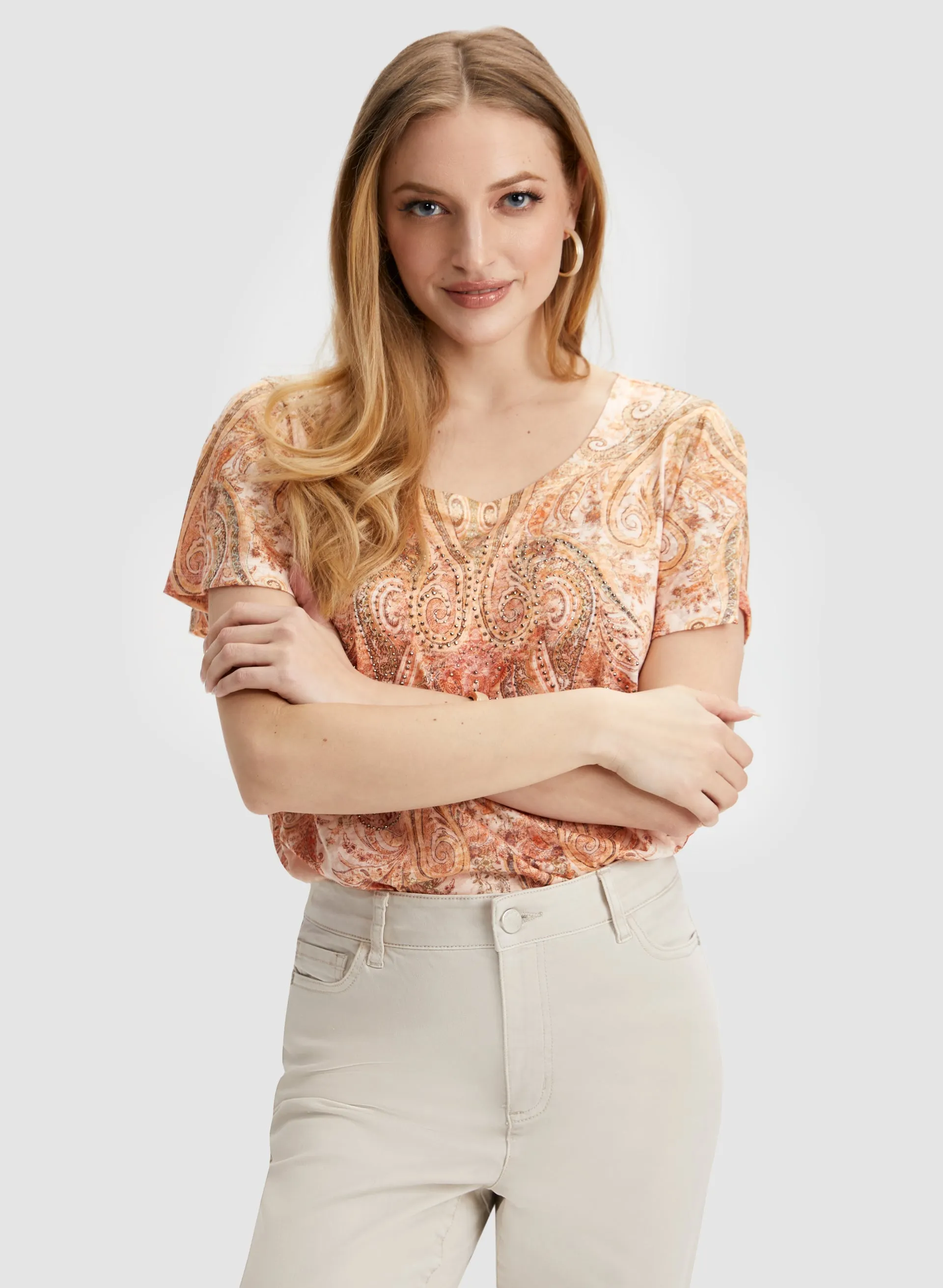 Embellished Paisley Print Burnout Tee sold by Laura