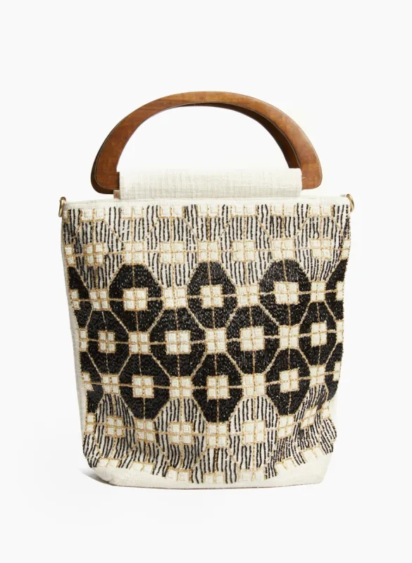 Geometric Motif Beaded Canvas Tote sold by Laura