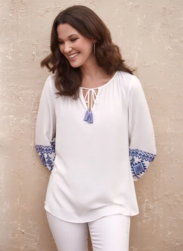 Embroidered Tassel Detail Blouse sold by Laura