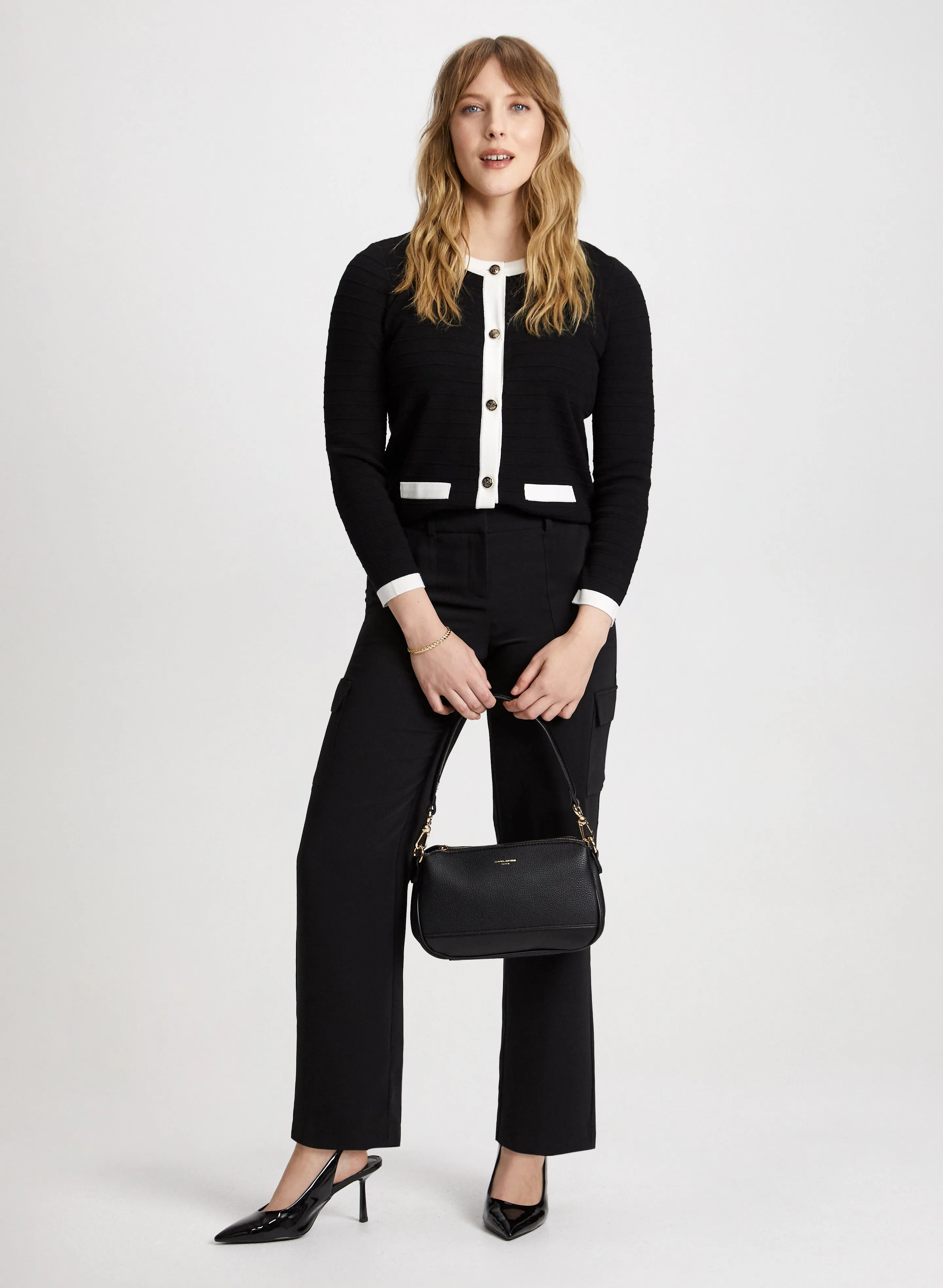 Contrast Trim Knit Cardigan & Straight Leg Cargo Pants sold by Laura