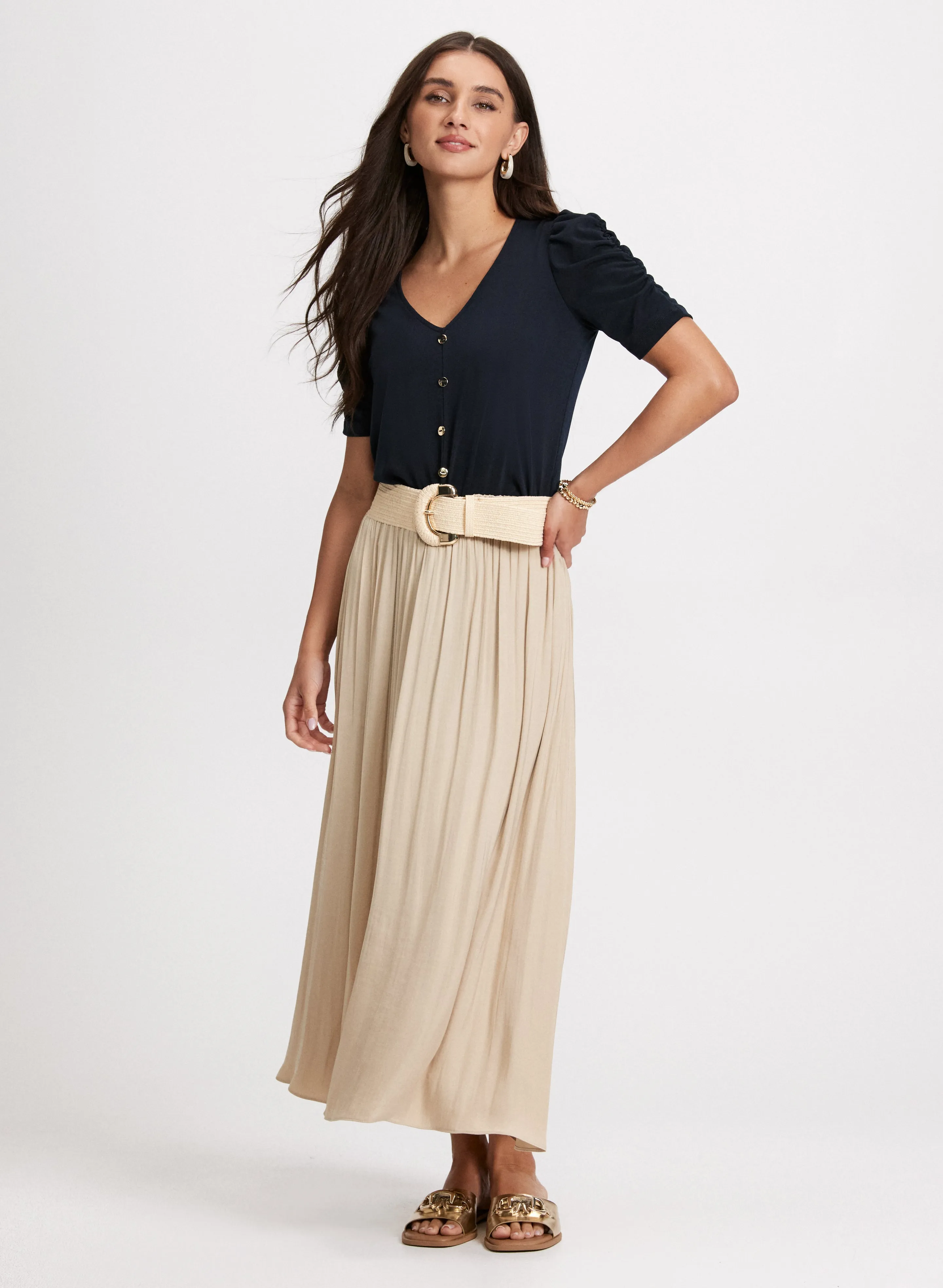 Button-Front Shirred Sleeve Top & Satin Drawstring Waist Skirt sold by Laura