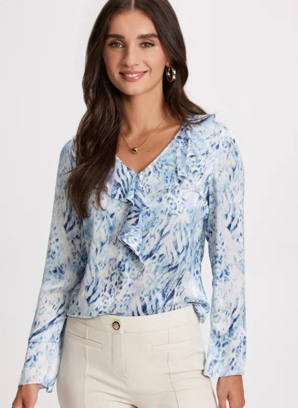 Animal Print Ruffle V-Neck Blouse sold by Laura