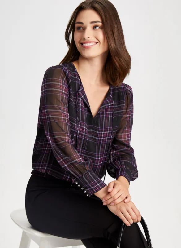 Keyhole Detail Plaid Print Blouse sold by Laura