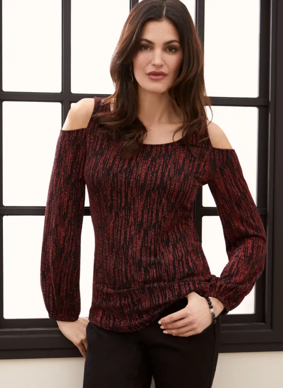 Glitter Knit Cold Shoulder Top sold by Laura