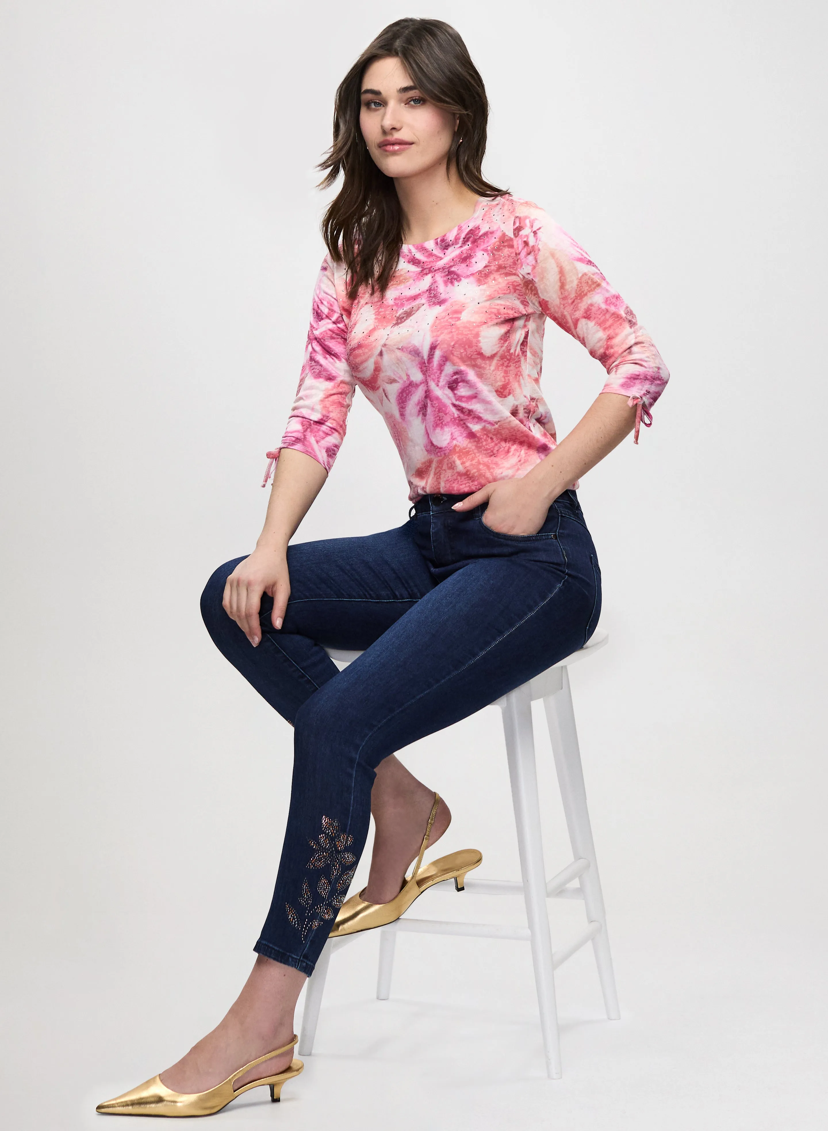 Tie Sleeves Floral Tee & Embellished Ankle Jeans sold by Laura