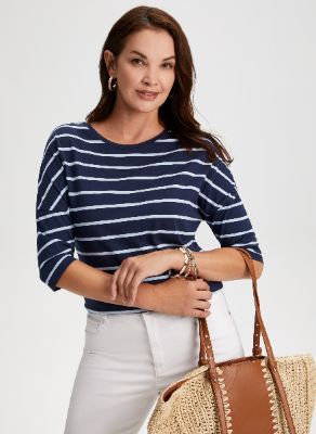 Stripe Print 3/4 Sleeve Tee sold by Laura