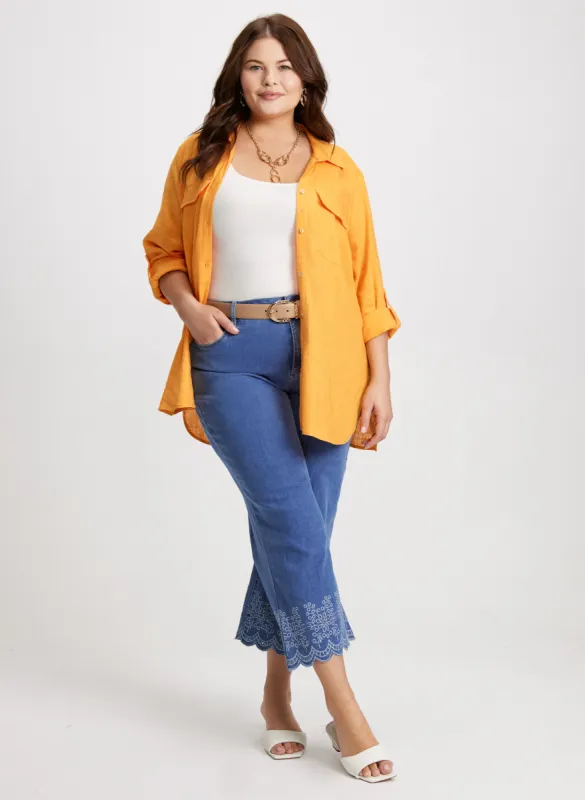 Linen Blend Shirt & Embroidered Hem Capri Jeans sold by Laura