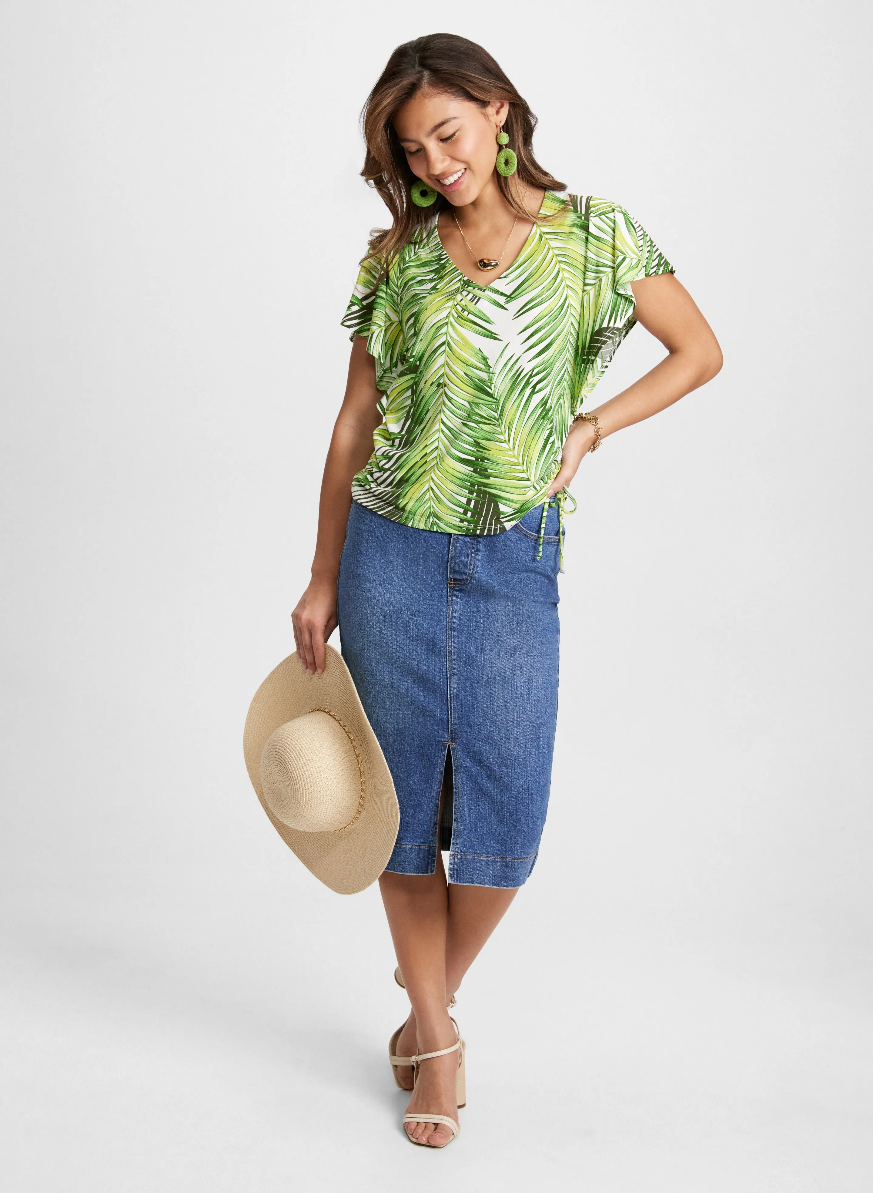 Slit-Hem Denim Skirt & Leaf Print Top sold by Laura