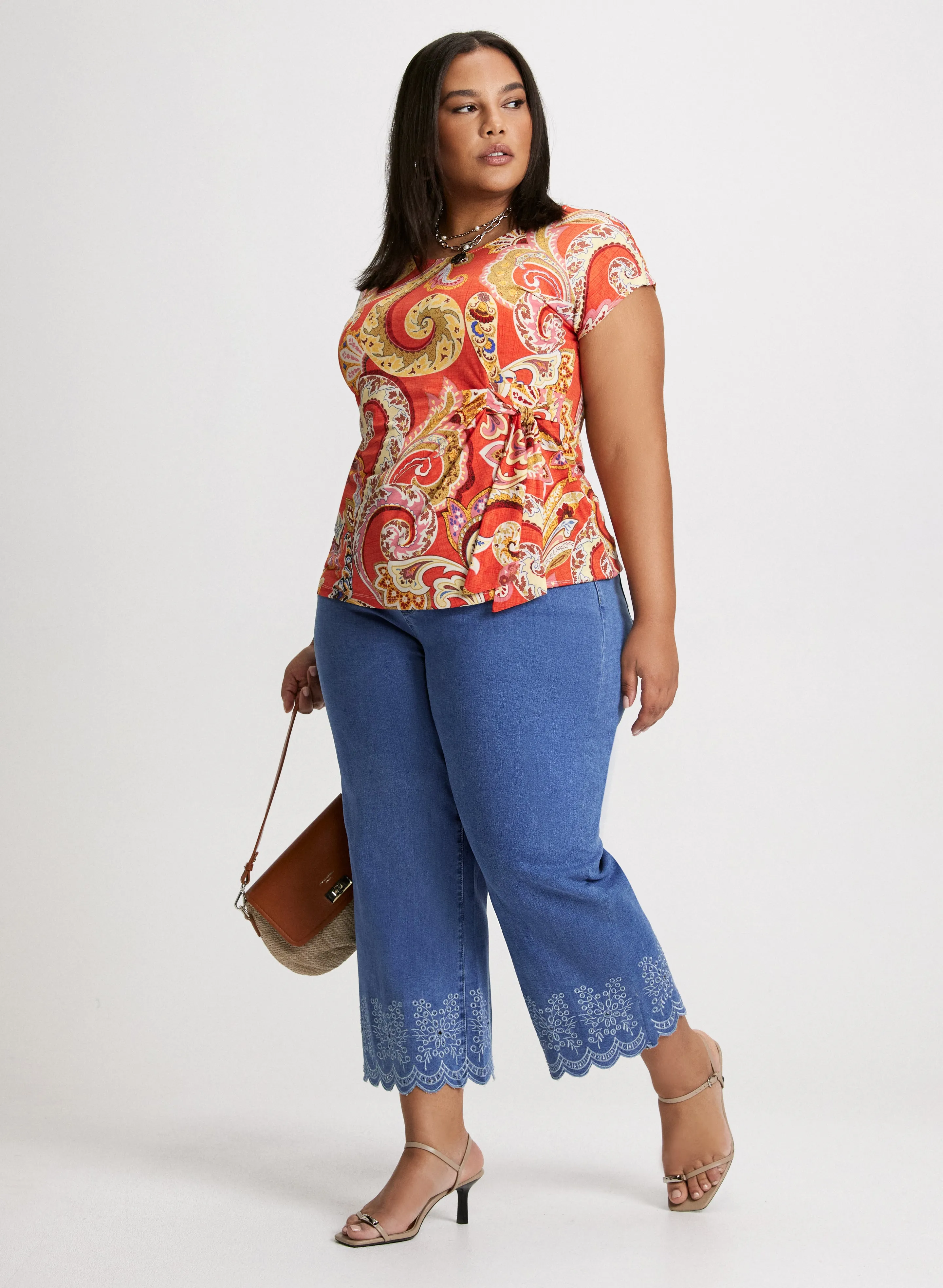Side Tie Paisley Top & Embroidered Hem Capri Jeans sold by Laura