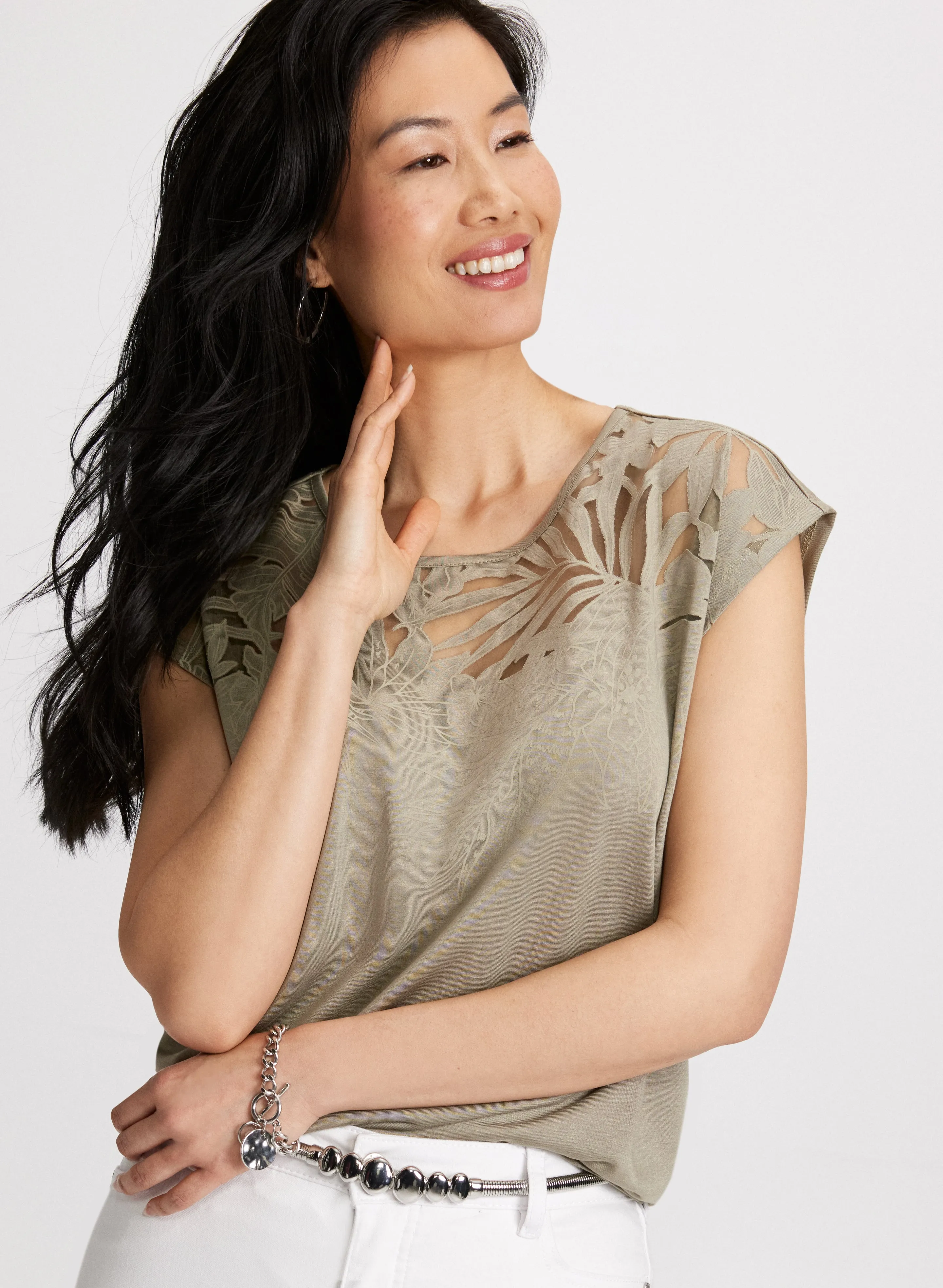 Floral Trim Burnout Tee sold by Laura