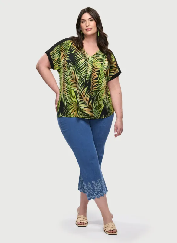 Palm Print T-Shirt & Embroidered Hem Capri Jeans sold by Laura