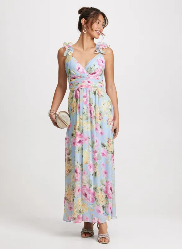 Long Ruffled Shoulder Floral Dress sold by Laura