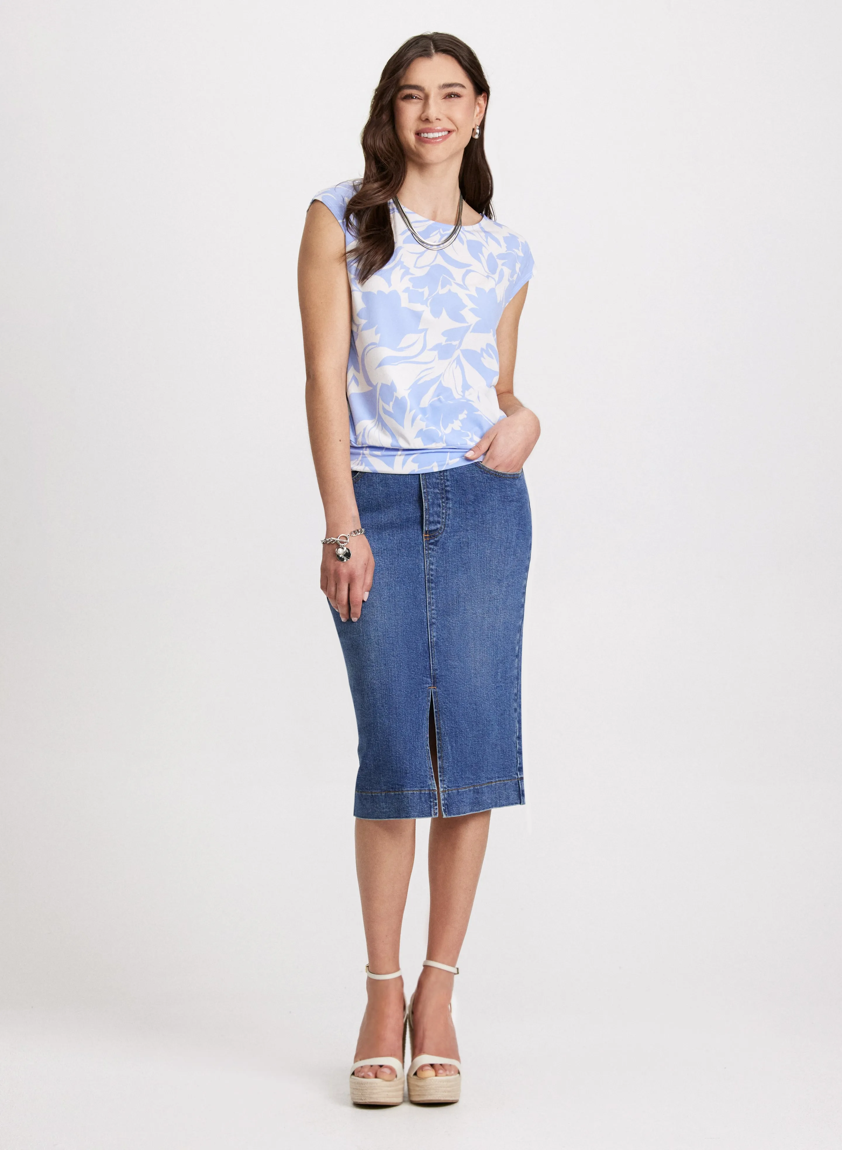 Floral Print Cap Sleeve Top & Slit-Hem Denim Midi Skirt sold by Laura