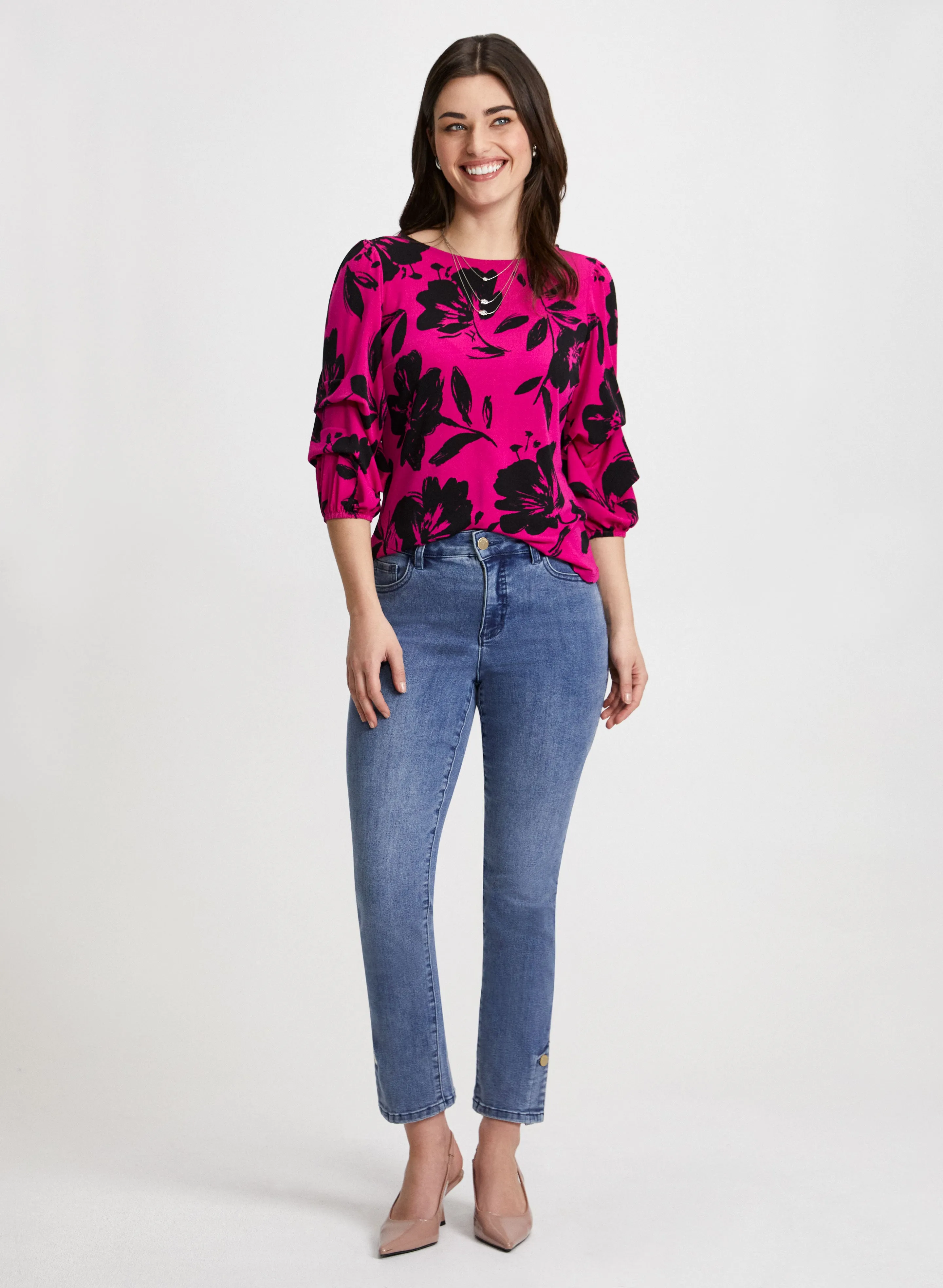 Pinched Sleeve Floral Print Top & Button Hem Jeans sold by Laura