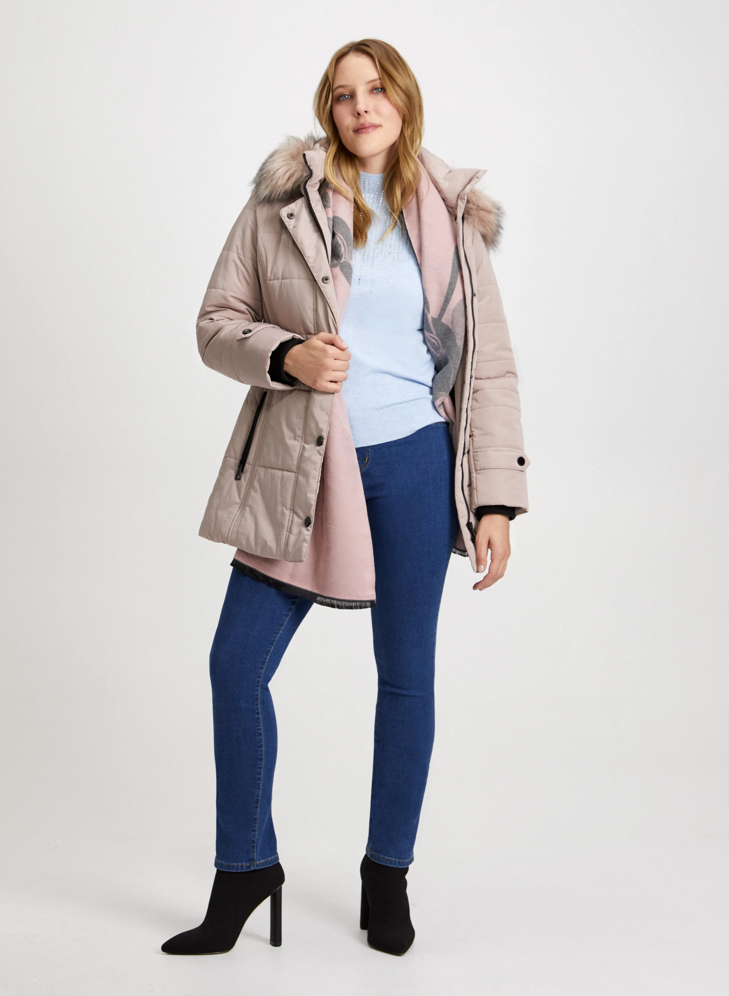 Quilted Coat & Cascading Rhinestone Sweater sold by Laura