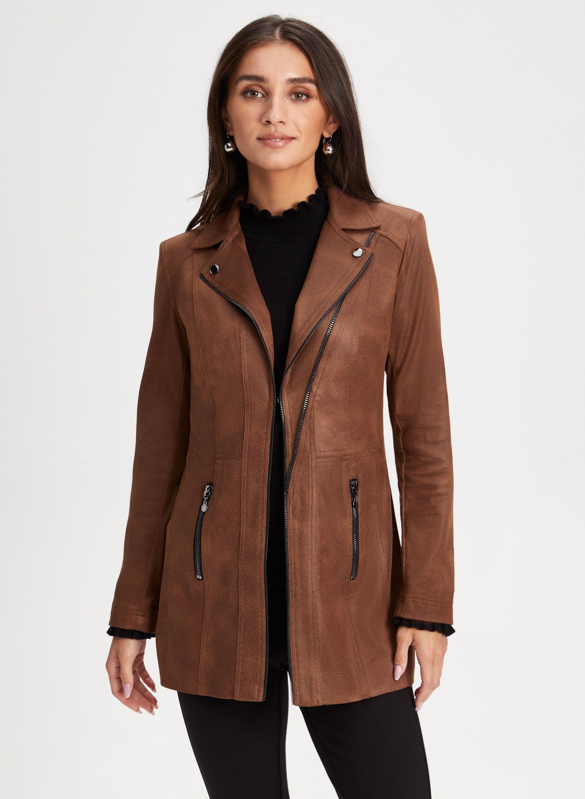 Zip Detail Faux Suede Redingote sold by Laura