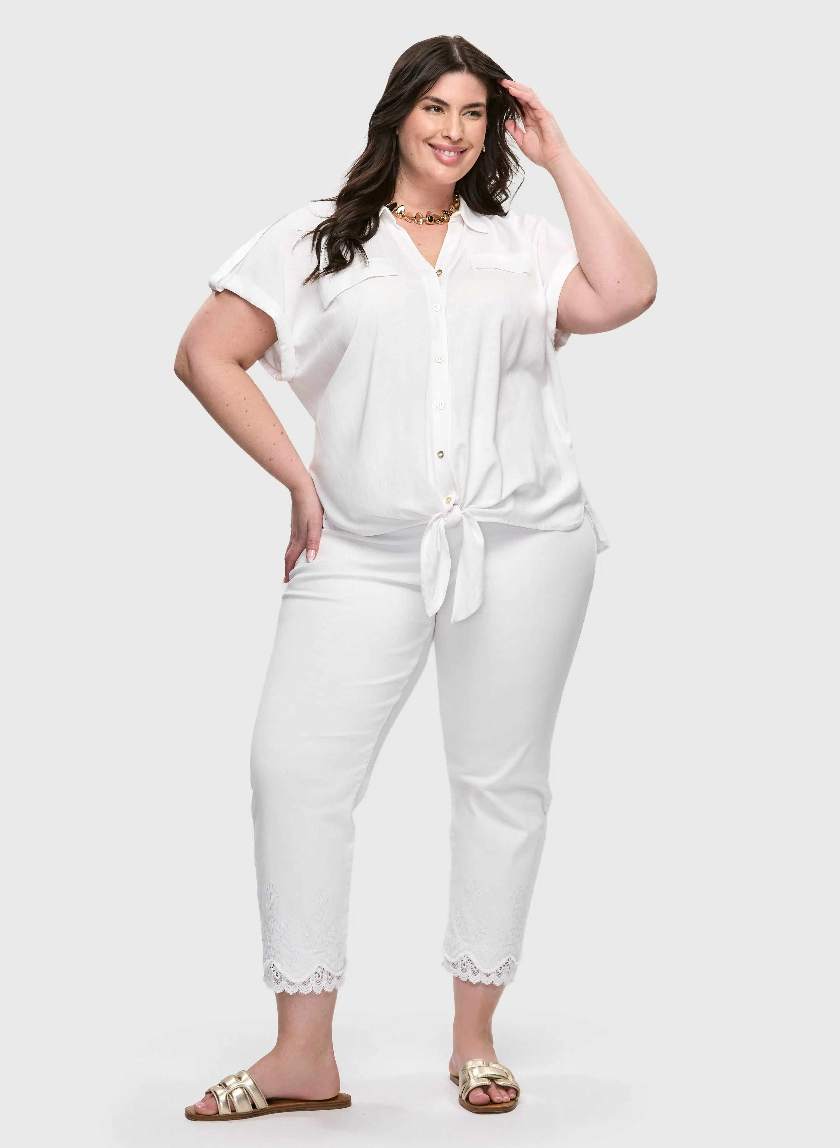 Short Sleeve Button Down Blouse & Lace Hem Denim Capris sold by Laura