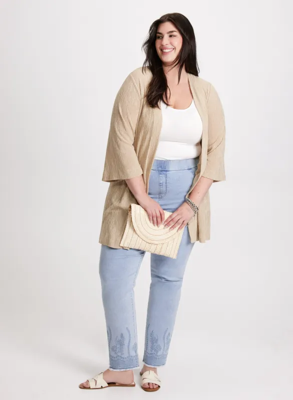 Open Front Cardigan & Embroidered Hem Jeans sold by Laura