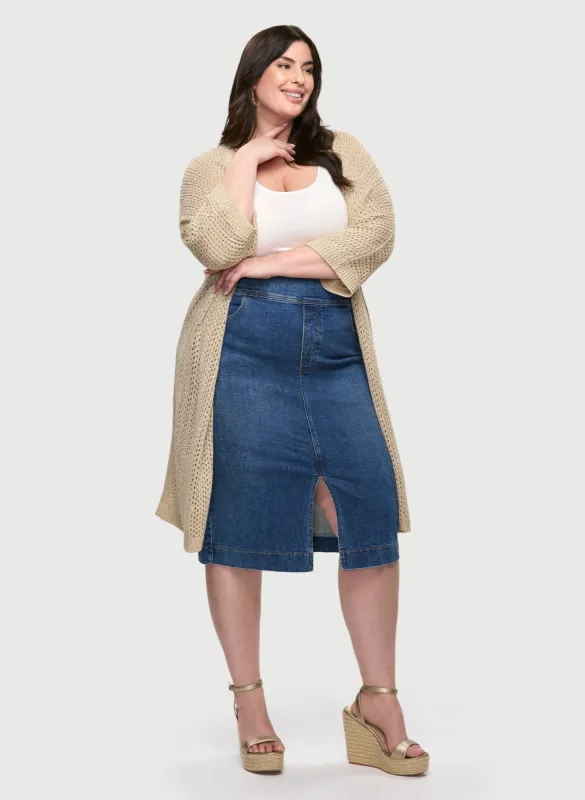 Open Stitch Tunic Cardigan & Denim Pencil Skirt sold by Laura