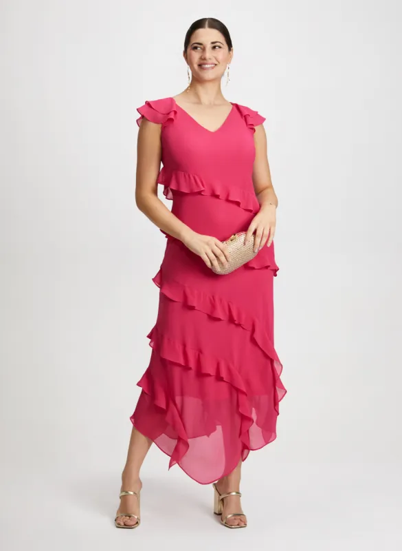 Ruffle Sleeve Chiffon Dress & Beaded Clutch sold by Laura