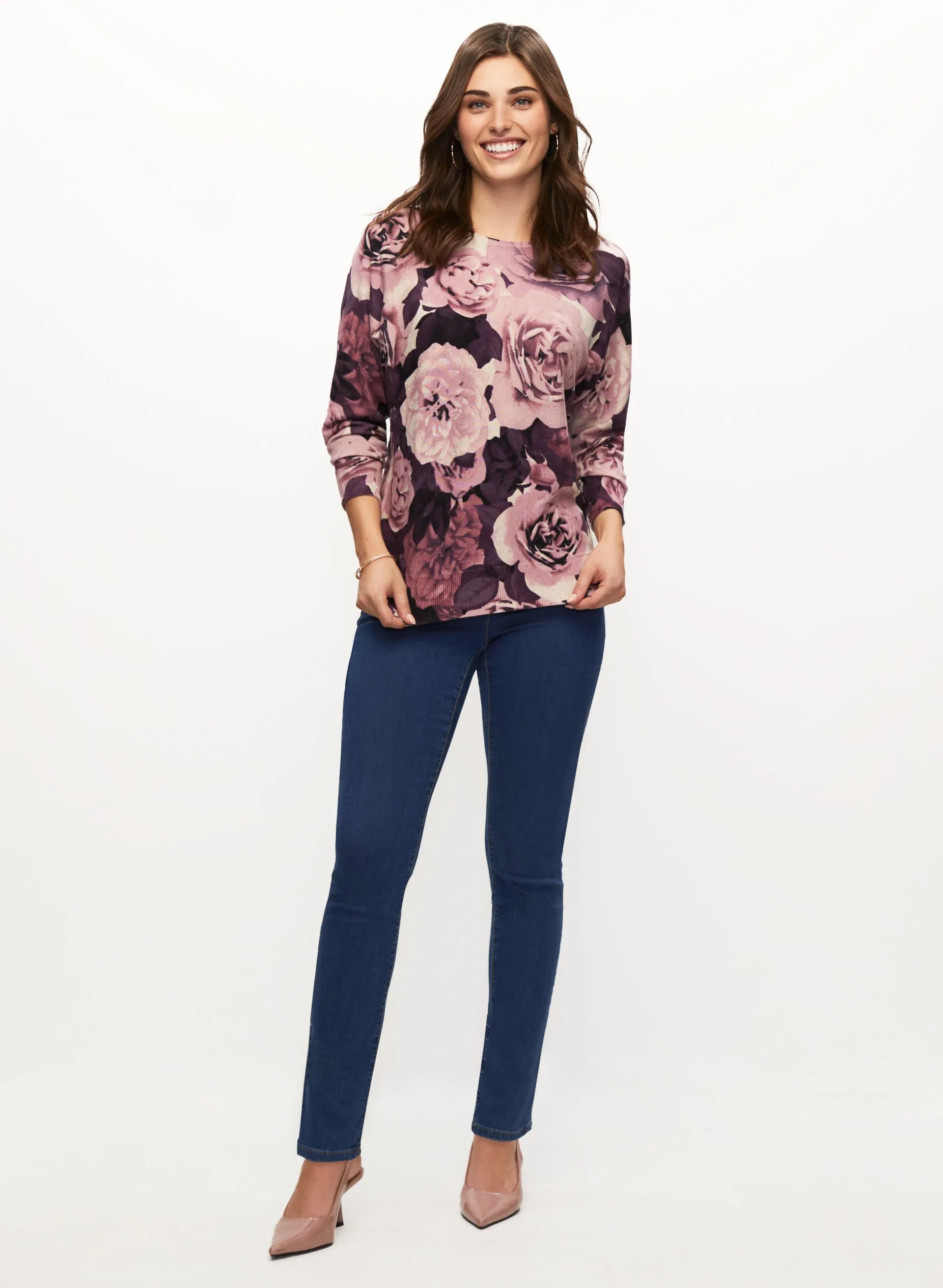 Floral Print Sweater & Pull-on Straight Leg Jeans sold by Laura
