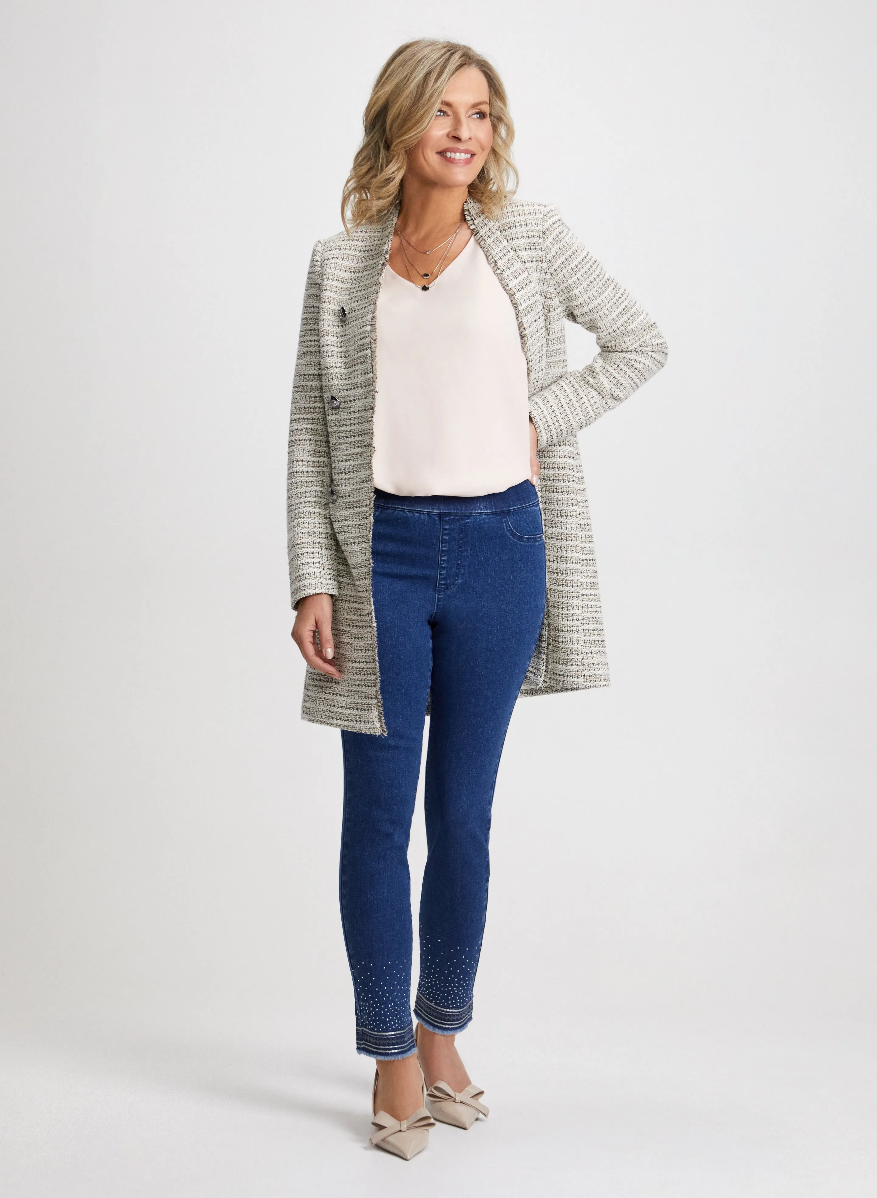 Fringe Trim Jacket & Sequin Hem Jeans sold by Laura