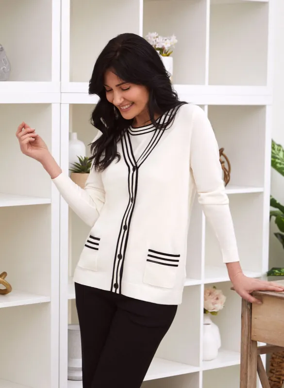 Stripe Detail Button Front Cardigan sold by Laura
