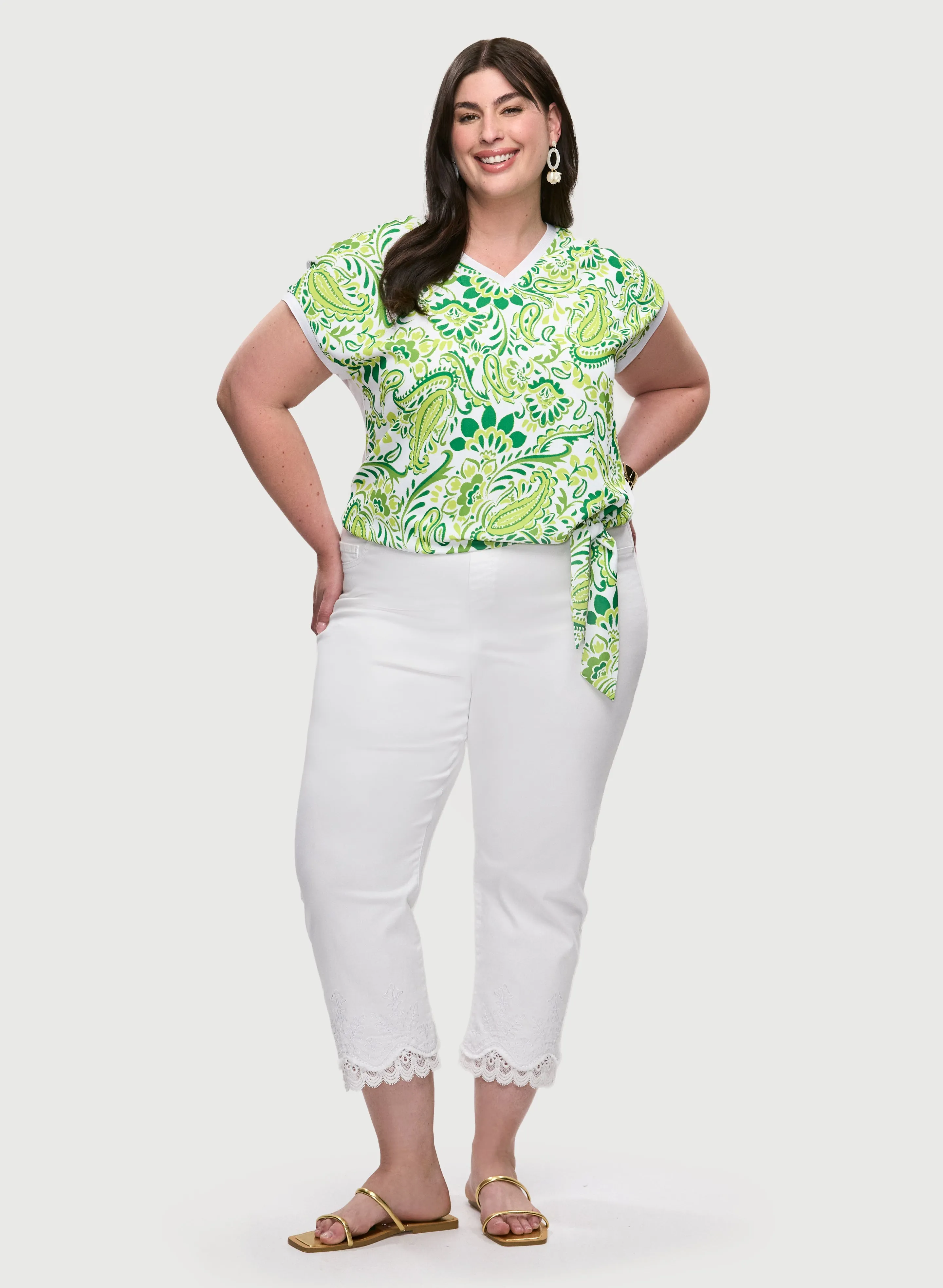 Tie Detail Drop-Shoulder Top & Lace Hem Denim Capris sold by Laura