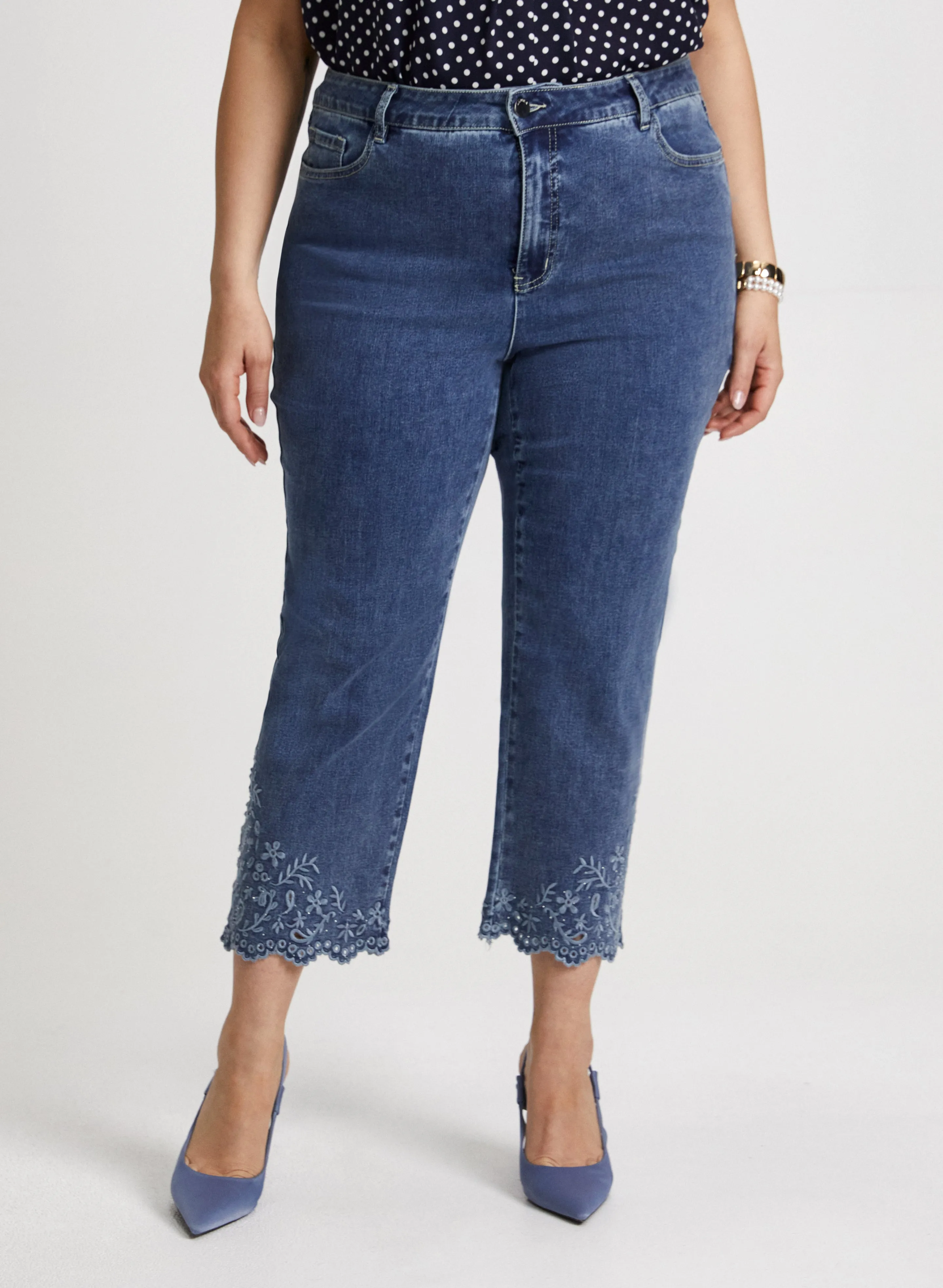 Scalloped Hem Denim Capris sold by Laura
