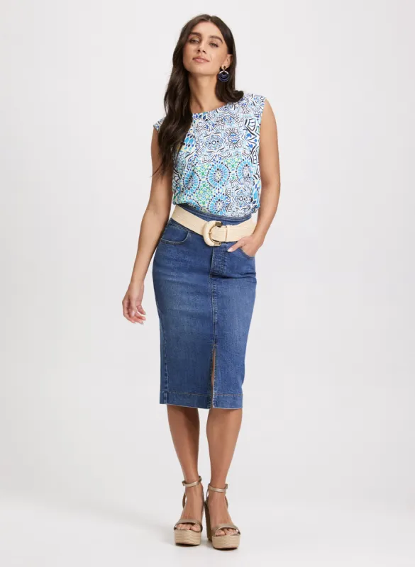 Tied-Hem Mosaic Print Top & Slit-Hem Denim Midi Skirt sold by Laura