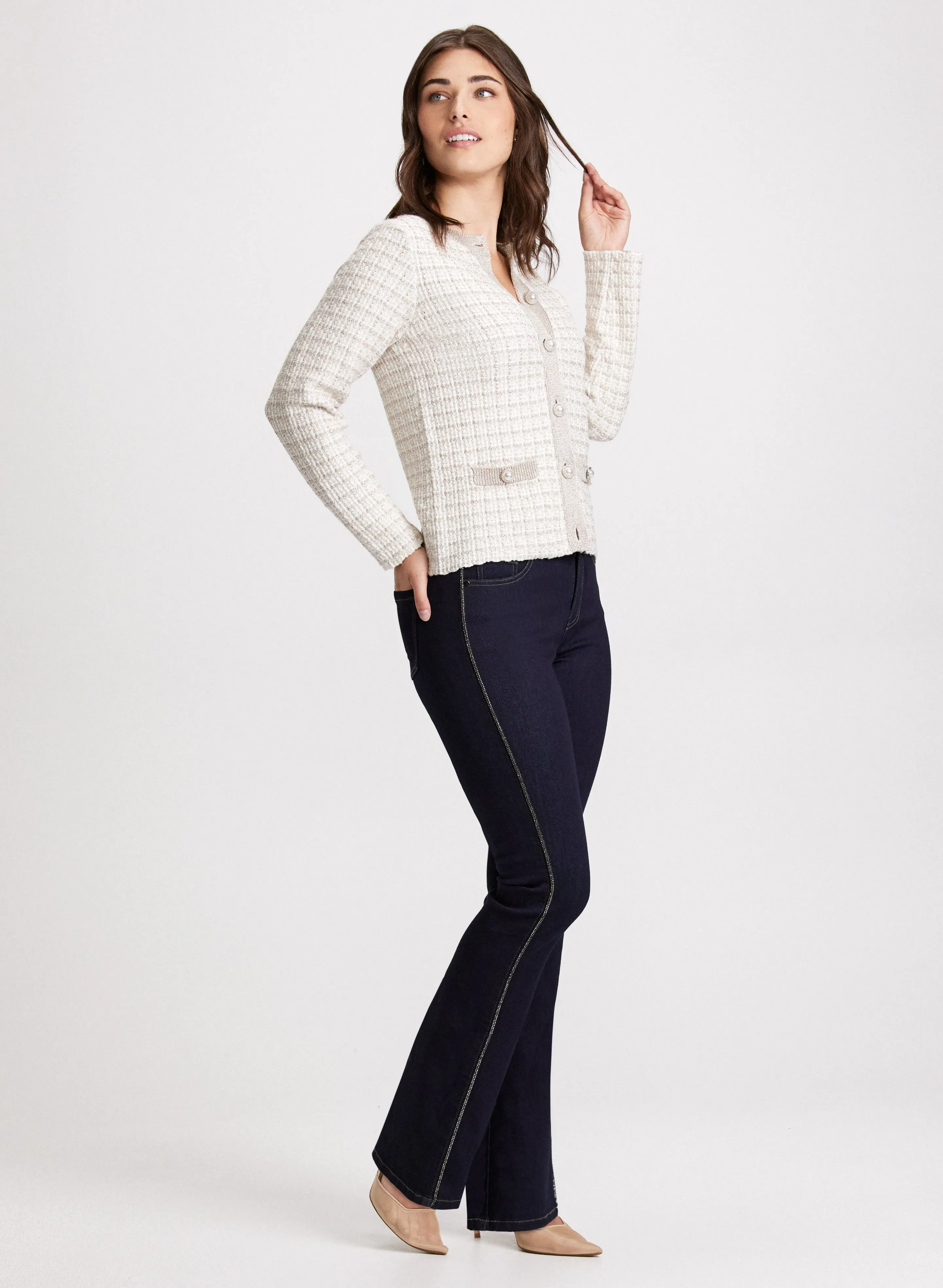 Bouclé Cardigan & Flare-Leg Jeans sold by Laura