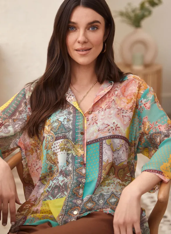 Patchwork Print Button-Up Blouse sold by Laura