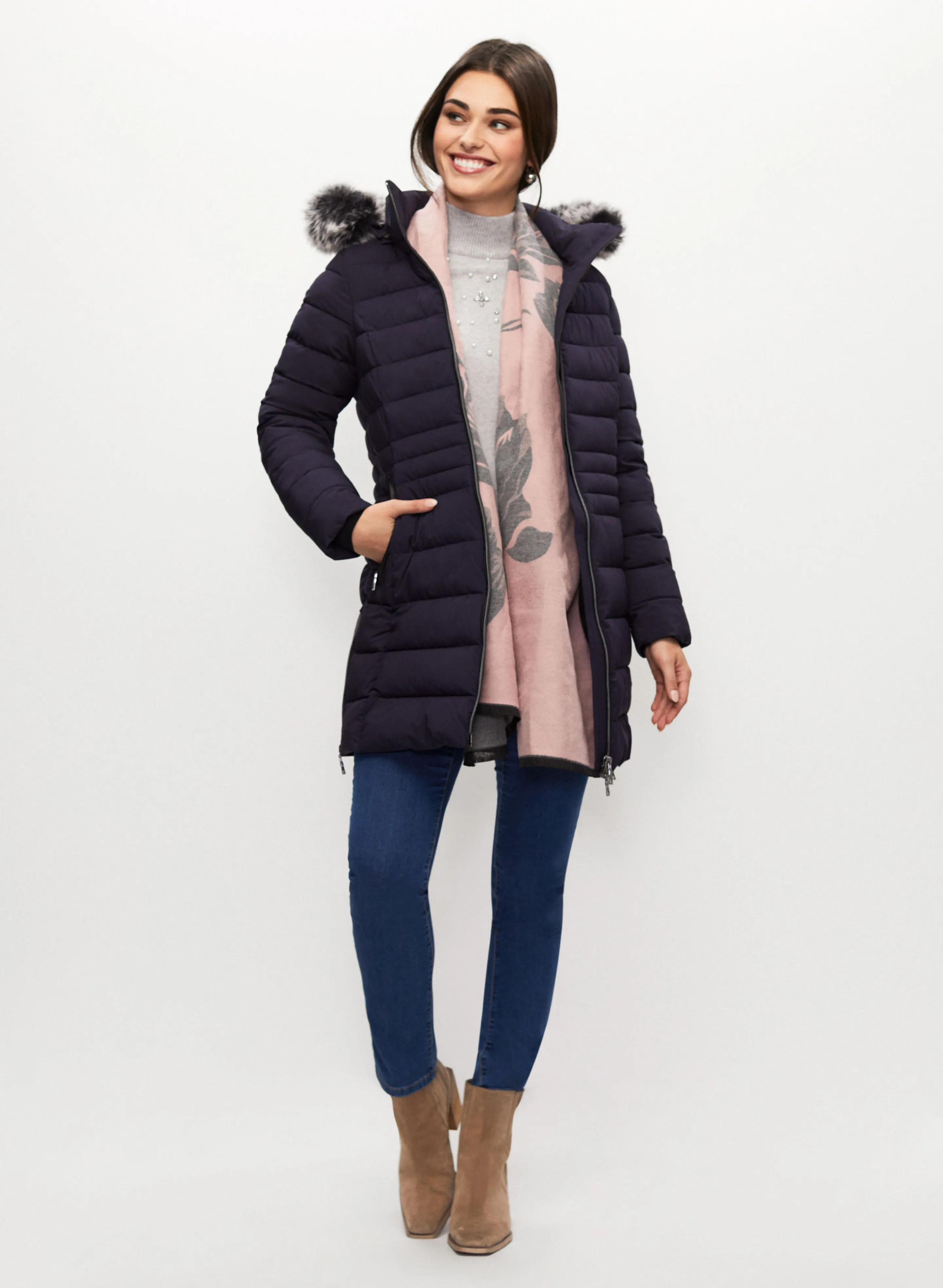 Vegan Down Jacket, Pearl Detail Sweater & Jeans sold by Laura