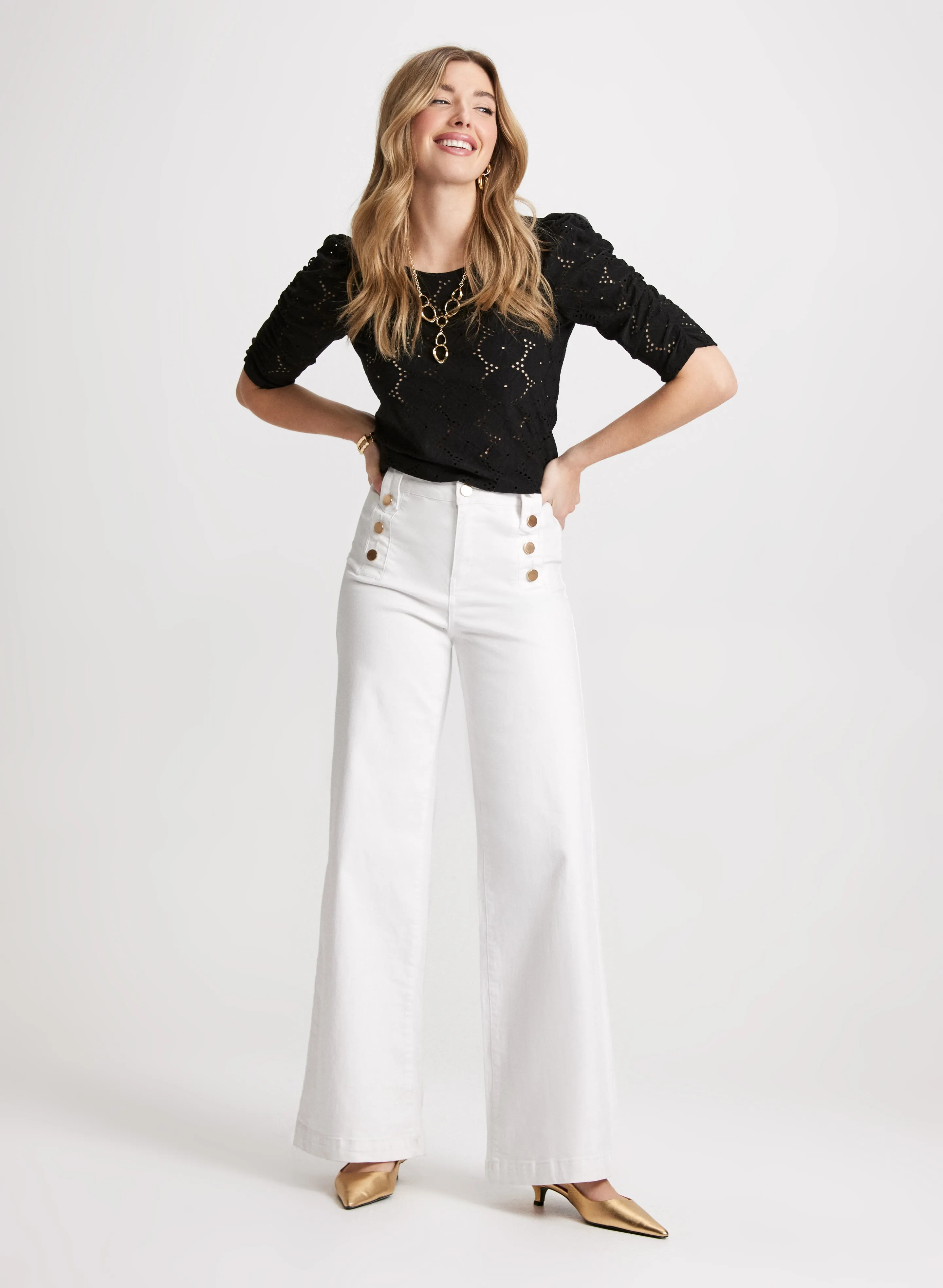 Shirred Sleeve Eyelet Top & Button Detail Wide Leg Jeans sold by Laura