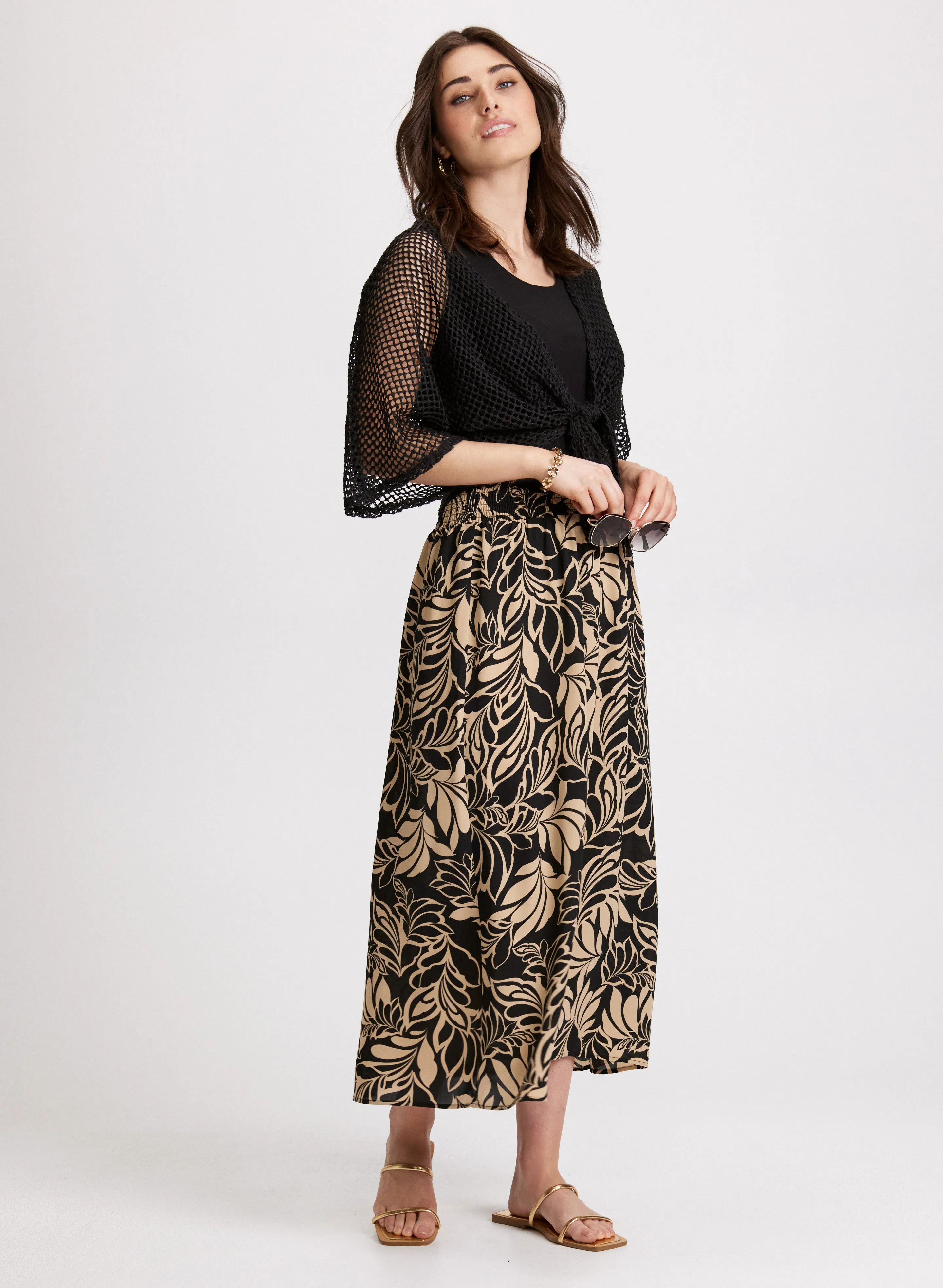 Tie-Front Crochet Top & Leaf Print Maxi Skirt sold by Laura