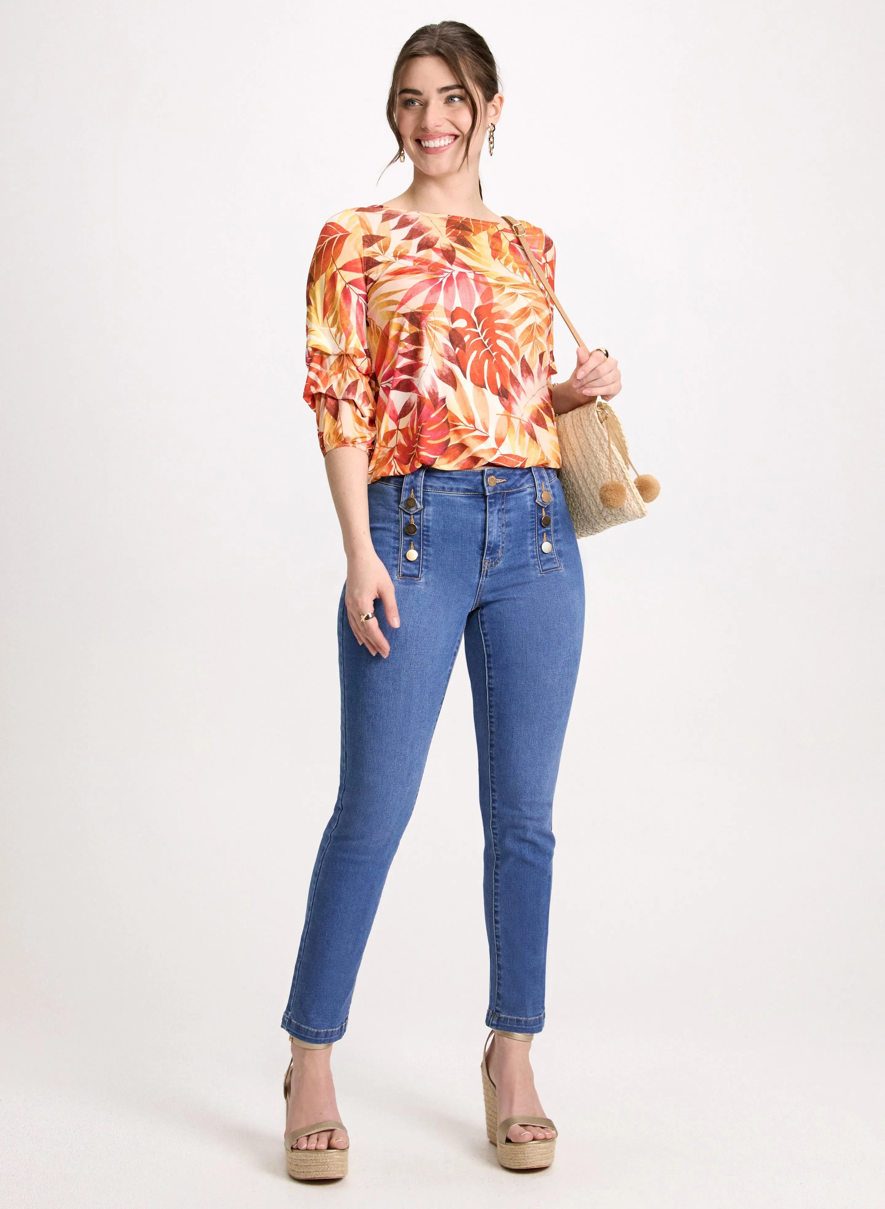 Tropical Pinched Sleeve Top & Button-Trim Jeans sold by Laura