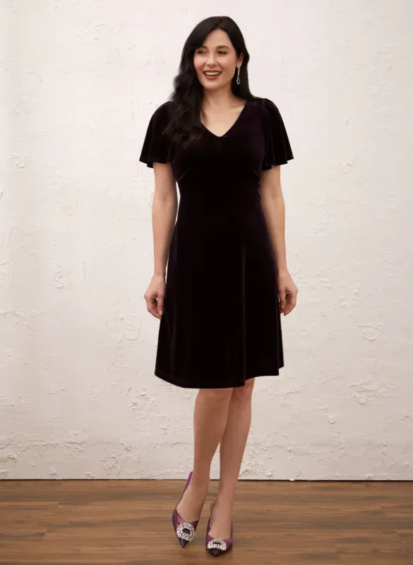 Stretch Velvet Flutter Sleeve Dress sold by Laura