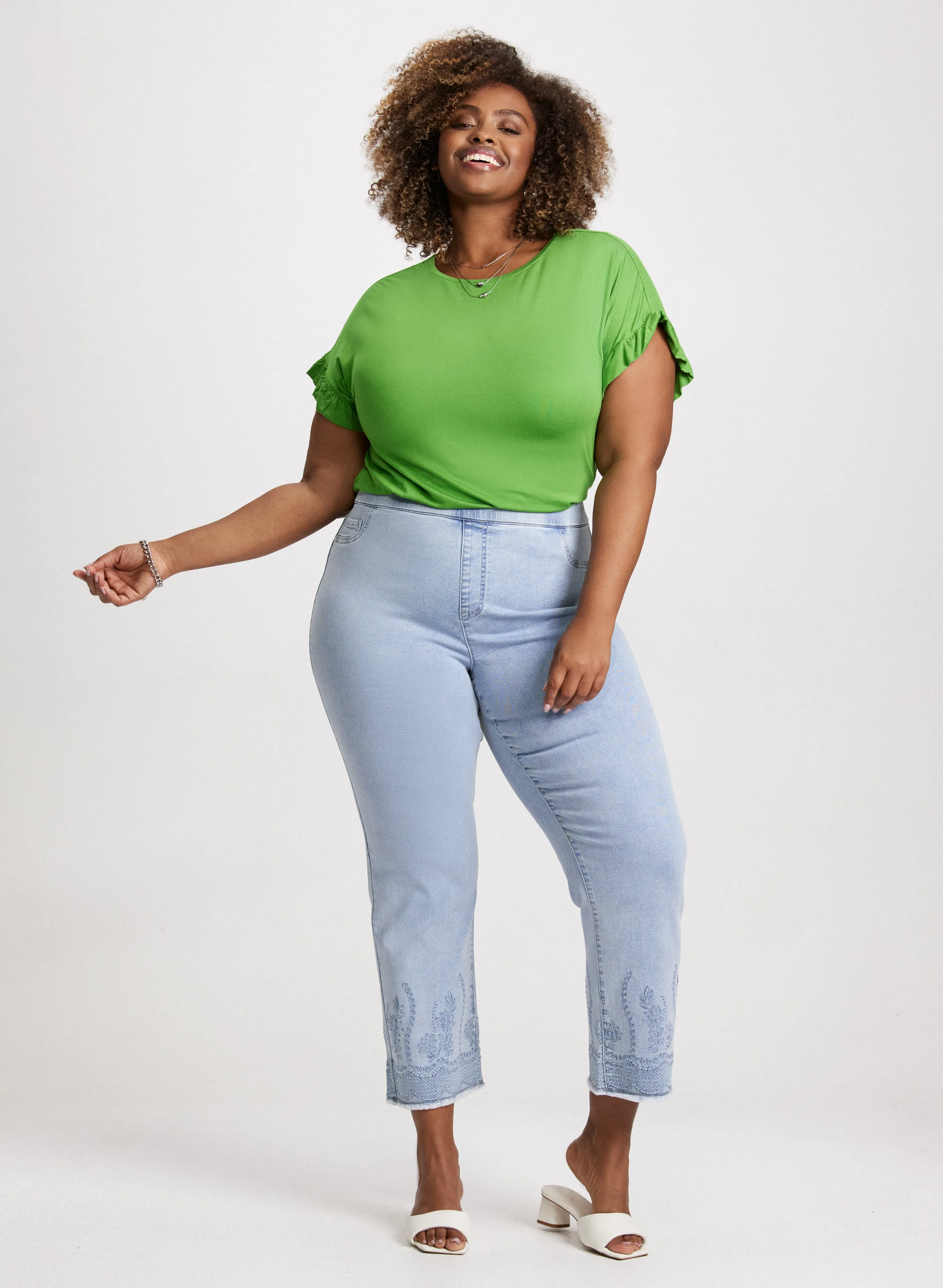 Ruffled Sleeve T-Short & Pull-On Embroidered Hem Jeans sold by Laura