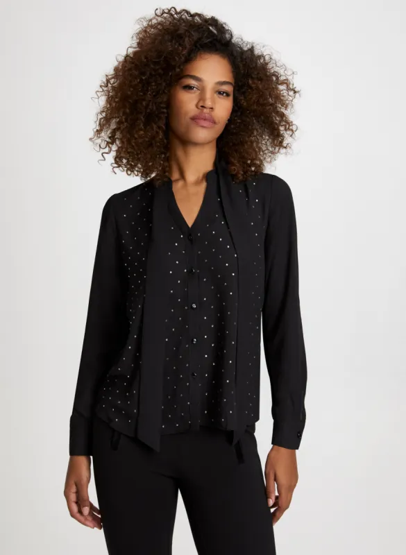 Tie Neck Rhinestone Detail Blouse sold by Laura