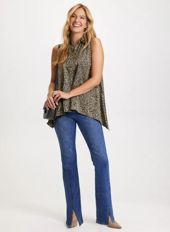 Leopard Print Sleeveless Blouse & Flared Slit Jeans sold by Laura