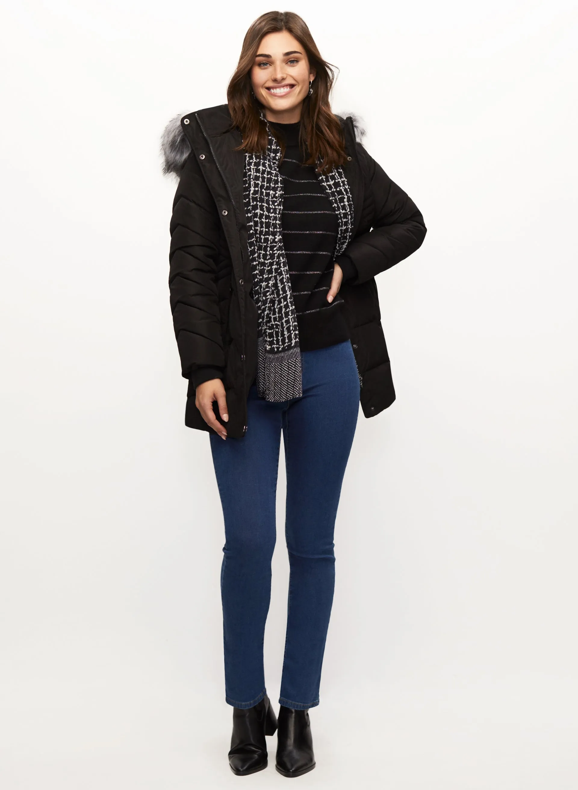 Metallic Stripe Sweater & Vegan Down Coat sold by Laura