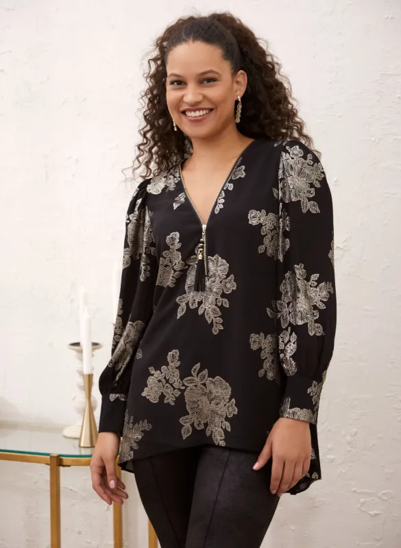 Tassel Trim Floral Tunic Blouse sold by Laura