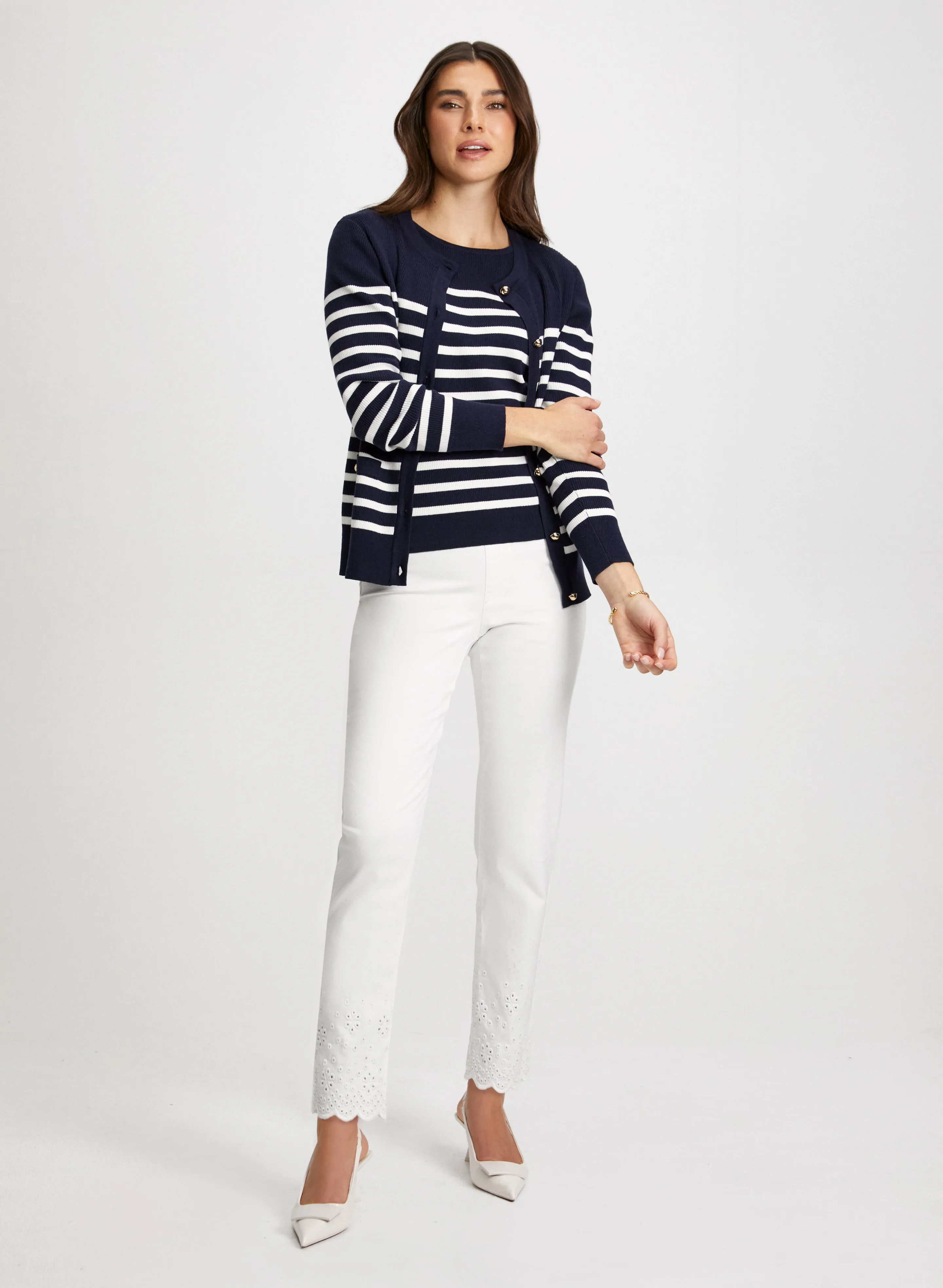 Striped Cardigan & Top & Scalloped Jeans sold by Laura