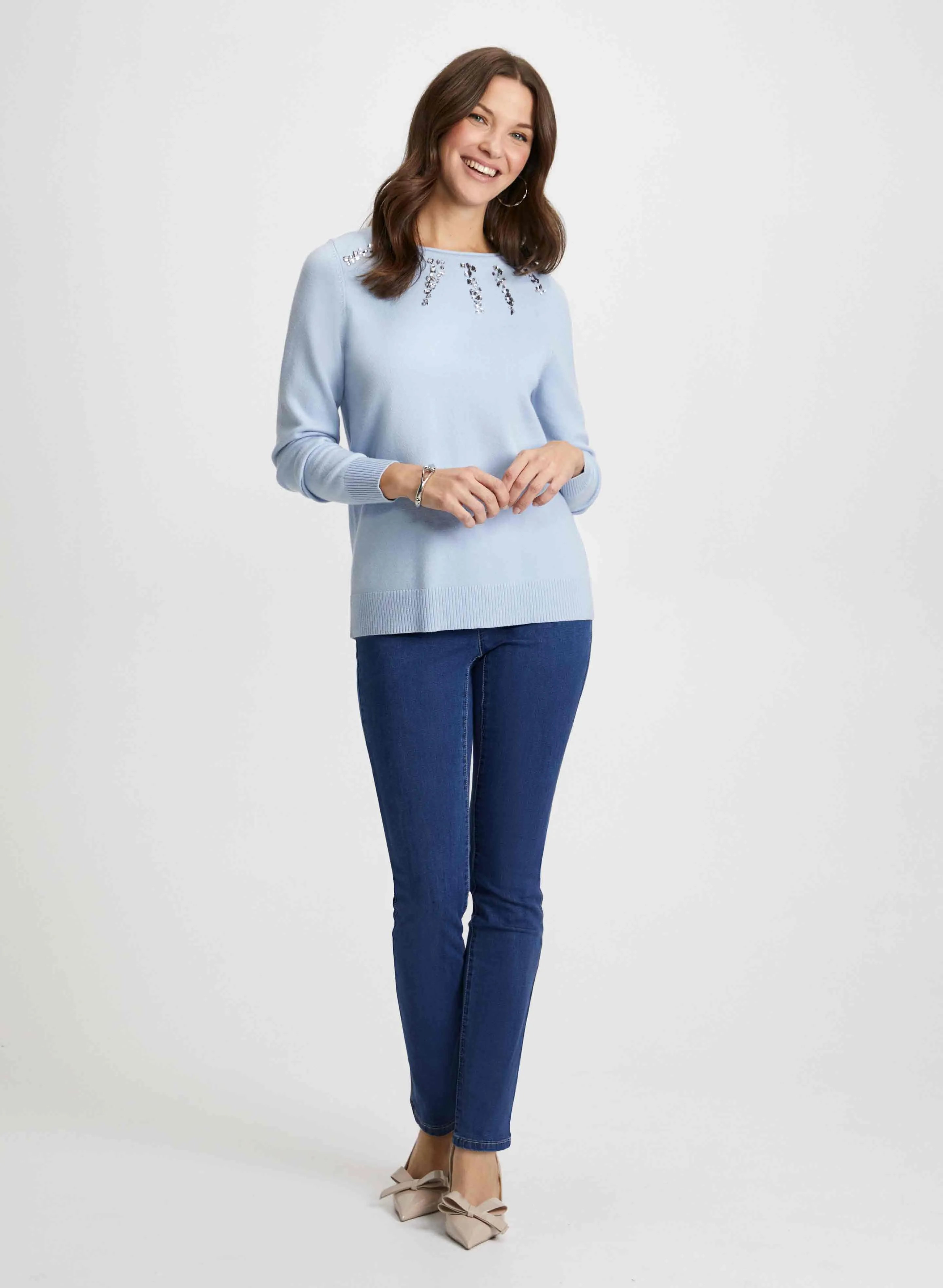 Rhinestone Detail Sweater & Pull-On Jeans sold by Laura