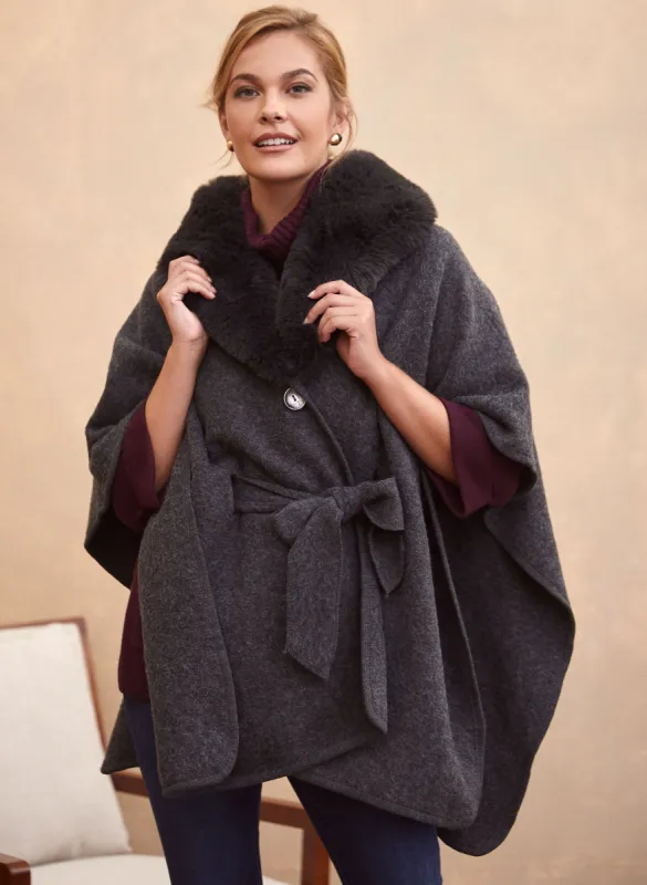 Faux Fur Collar Belted Poncho sold by Laura
