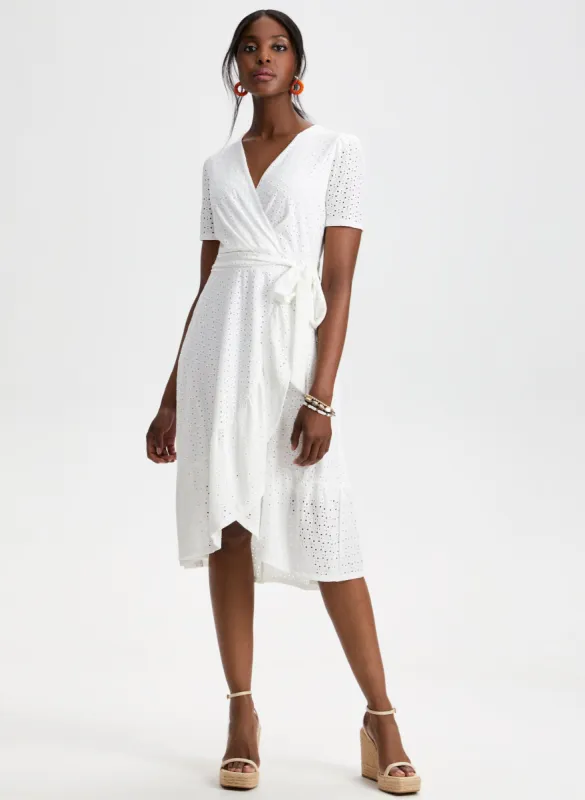 Eyelet Motif Faux-Wrap Dress sold by Laura