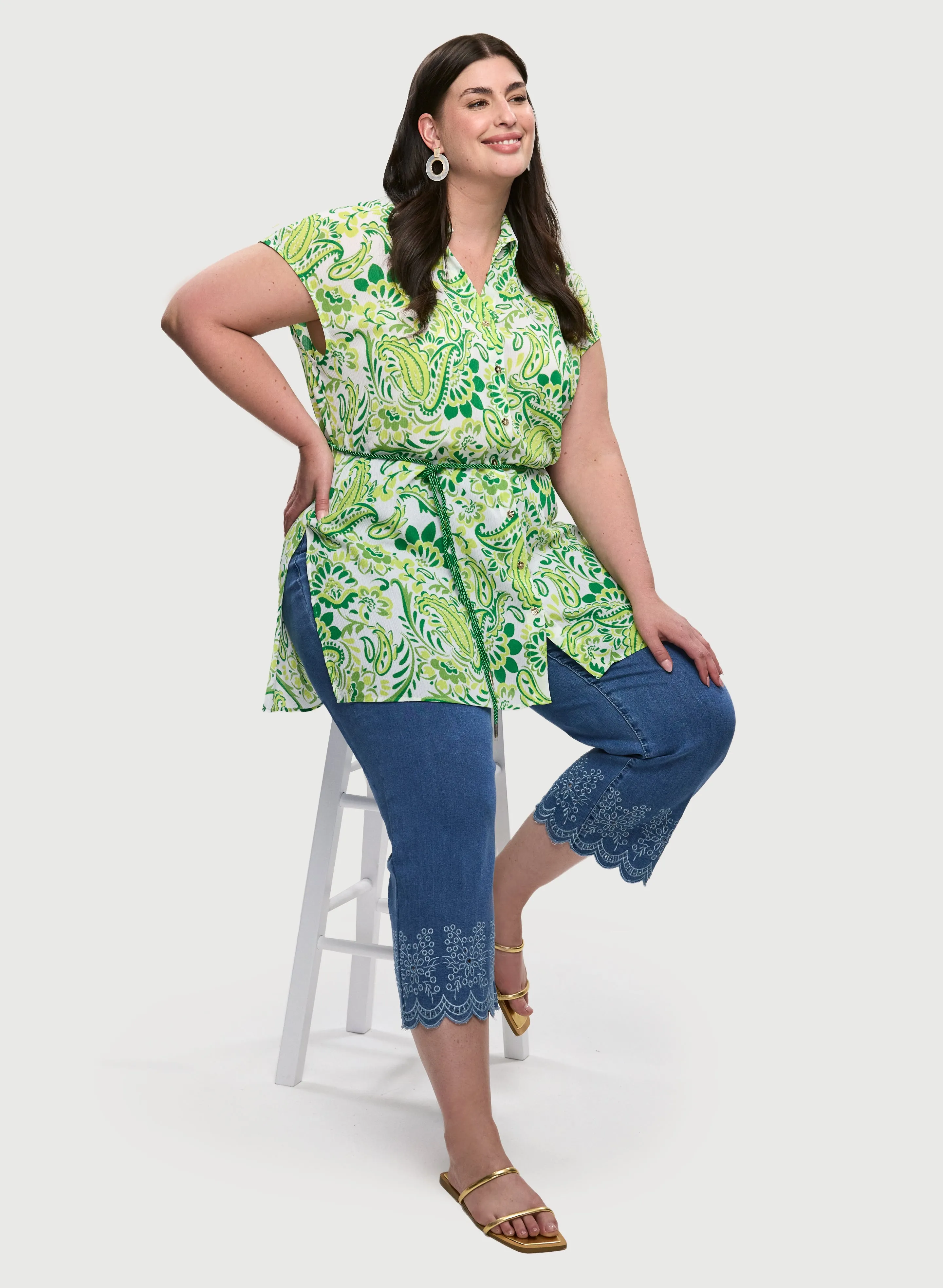 Paisley Tie Detail Blouse & Embroidered Hem Culotte Jeans sold by Laura