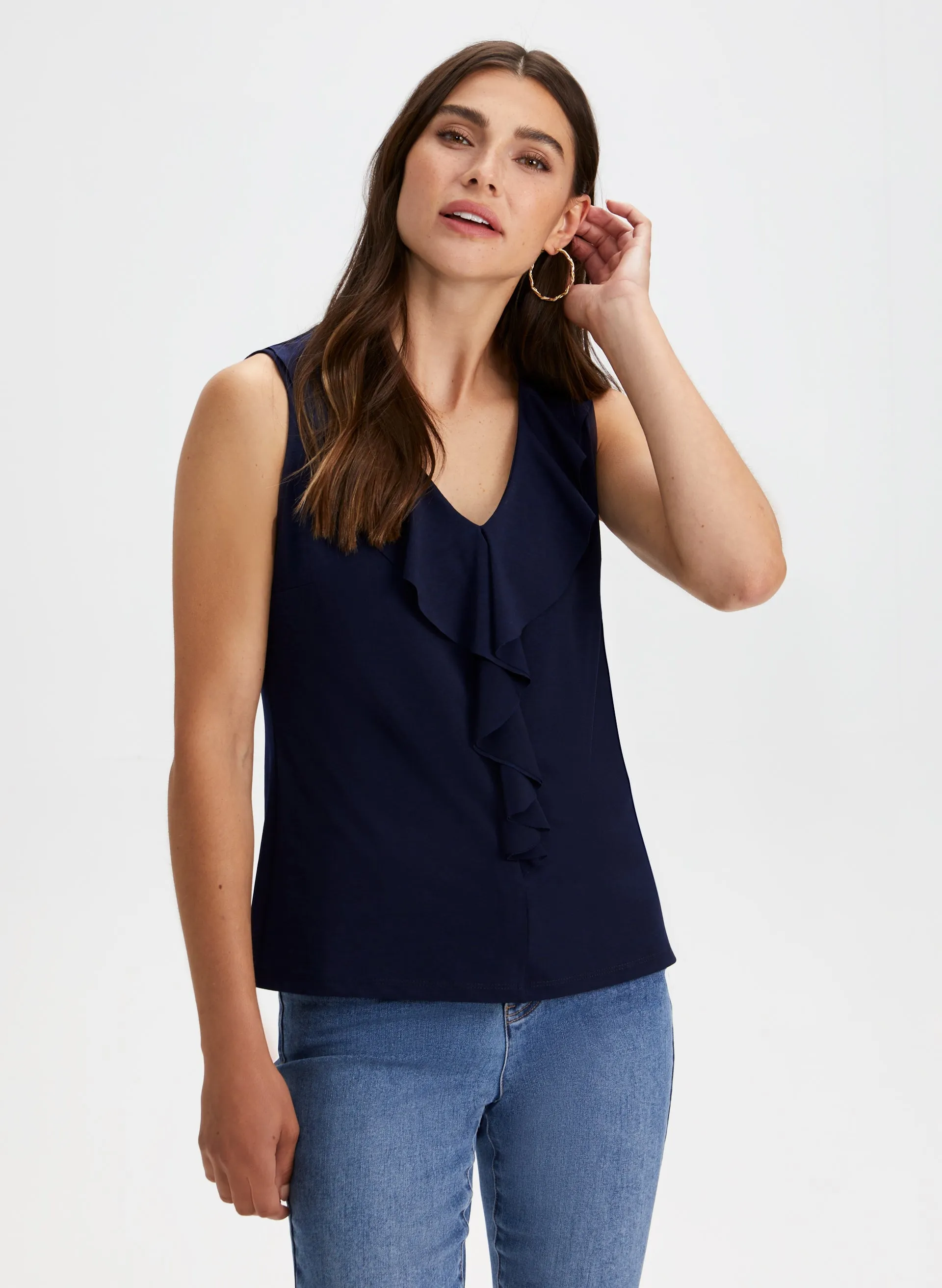 Cascading Ruffle Sleeveless Top sold by Laura